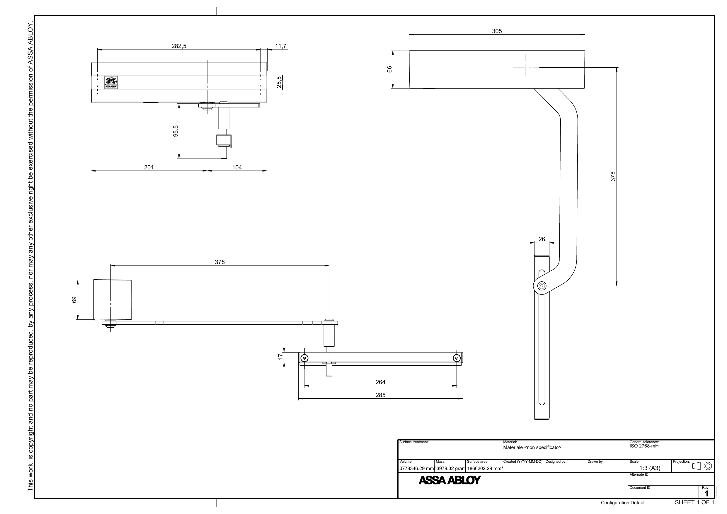 Dessin technique coté du MAB 680G présentant trois vues (de face, de dessus et de côté) avec bras de transmission