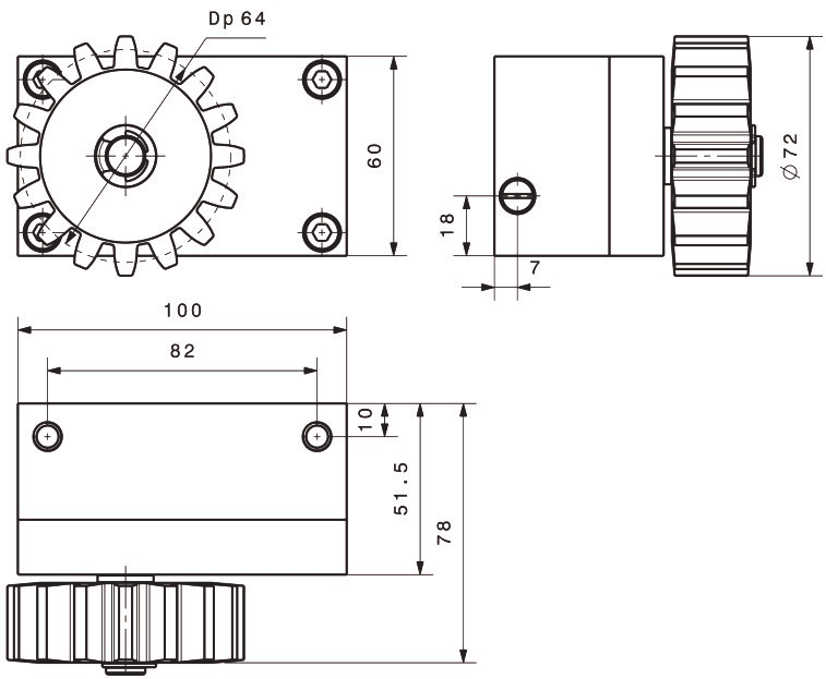 Plan coté du frein Gircontrol : Dp 64, hauteur 60, largeur 100, entraxe 82, Ø72, cotes 18, 7, 10, 51.5, 78