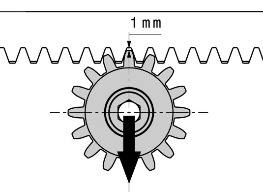Schéma du jeu de 1 mm entre le pignon et la crémaillère