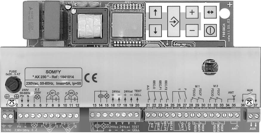 Carte électronique de l'AX230 avec borniers, clavier et afficheur