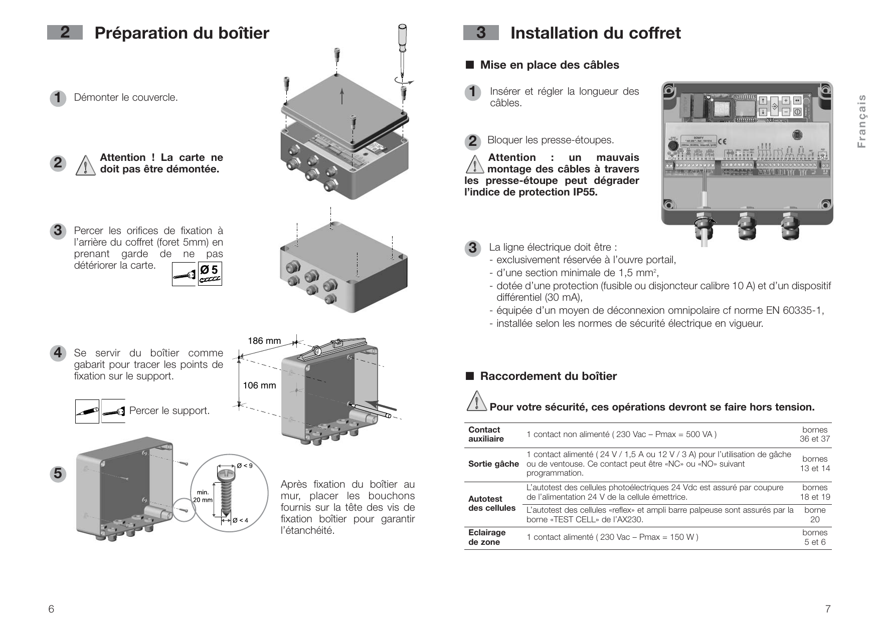 Schéma de perçage et fixation murale du boîtier (gabarit, entraxes, bouchons d'étanchéité)