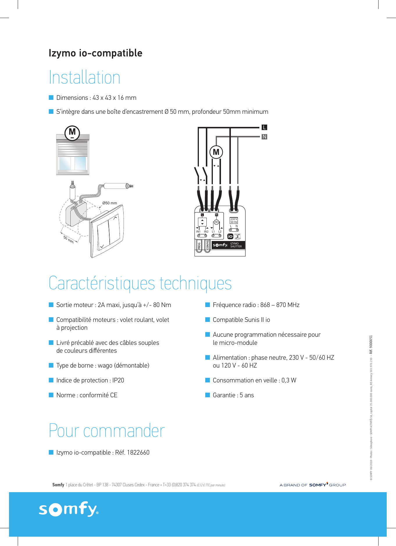 Schéma d'intégration du micro-module dans une boîte d'encastrement Ø 50 mm et schéma de câblage électrique (moteur M, alimentation L/N 230 V 50 Hz, entrées IN1/IN2, sorties L1/L2, boutons PROG et CONFIG)