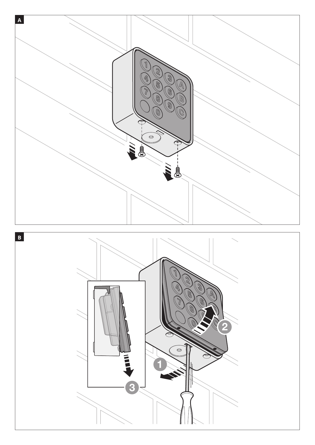 Démontage du clavier de son support (A : dévissage, B : déclipsage)