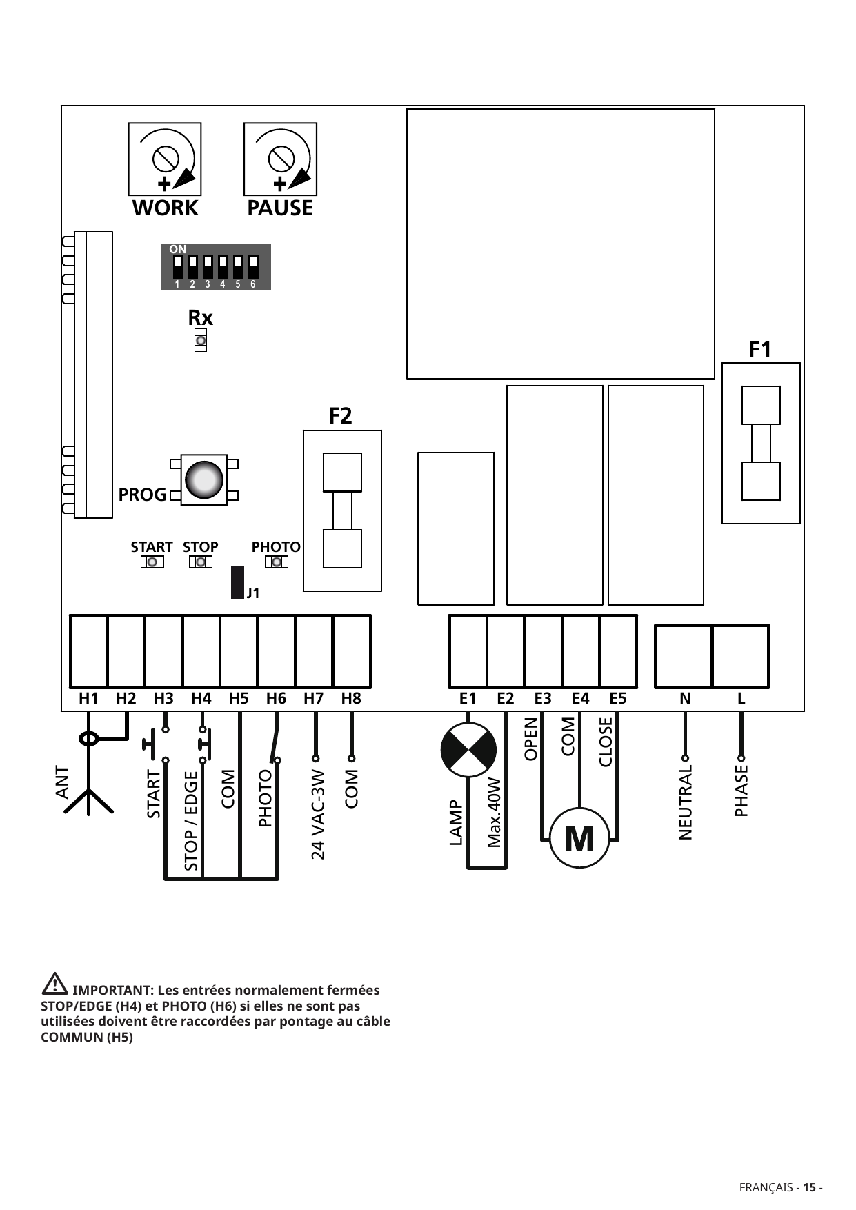 Schéma de la carte électronique et des branchements électriques (trimmers WORK et PAUSE, DIP-switch, fusibles F1/F2, bornier H1-H8 / E1-E5 / N / L, moteur, lampe max. 40W, antenne)
