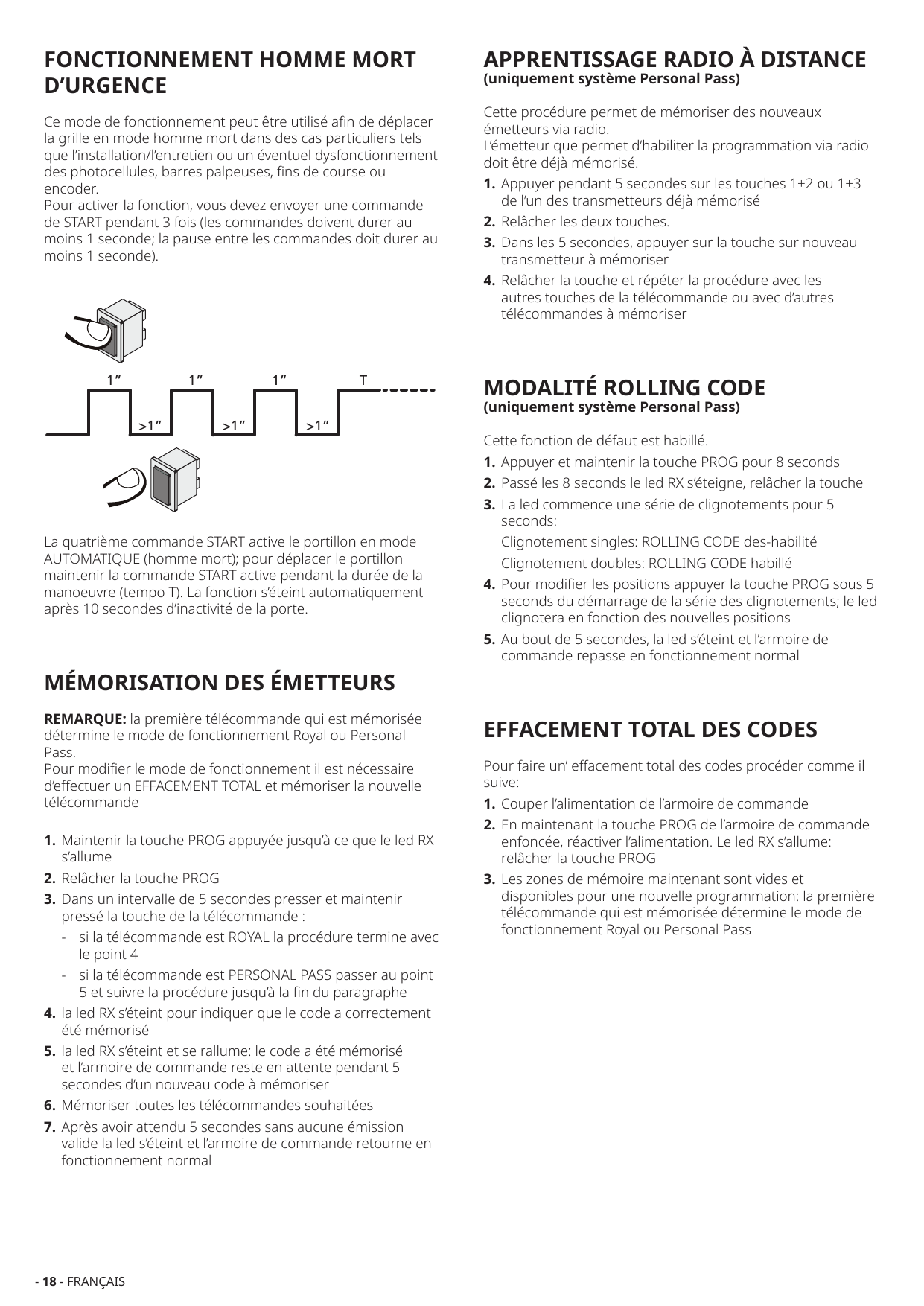 Diagramme temporel de la séquence de START pour activer le mode homme mort d'urgence (3 impulsions de 1" séparées de >1", puis maintien pendant la durée T)