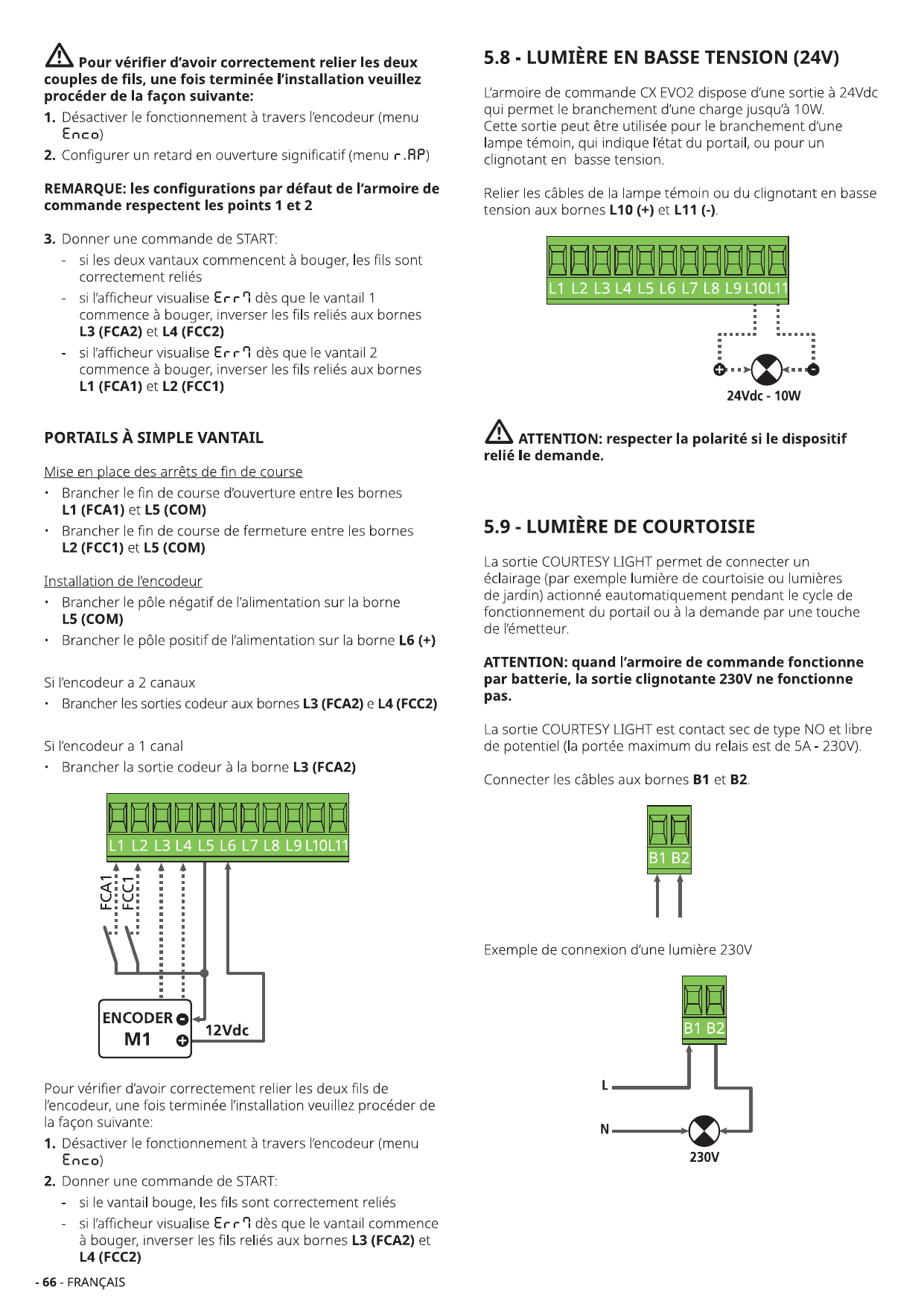 Branchement encodeur simple vantail (moteur M1, 12 Vdc) aux bornes L1-L11