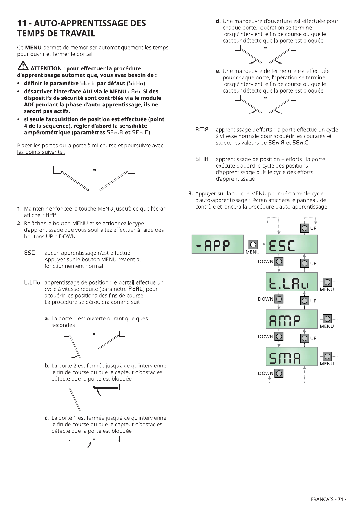 Sélection du type d'auto-apprentissage (-APP → ESC → t.LAu → AMP → SMA)