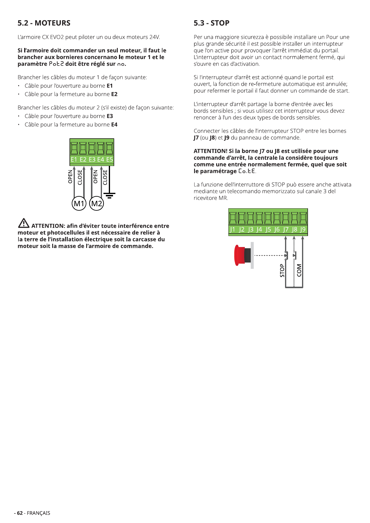 Branchement des moteurs M1 et M2 aux bornes E1-E5