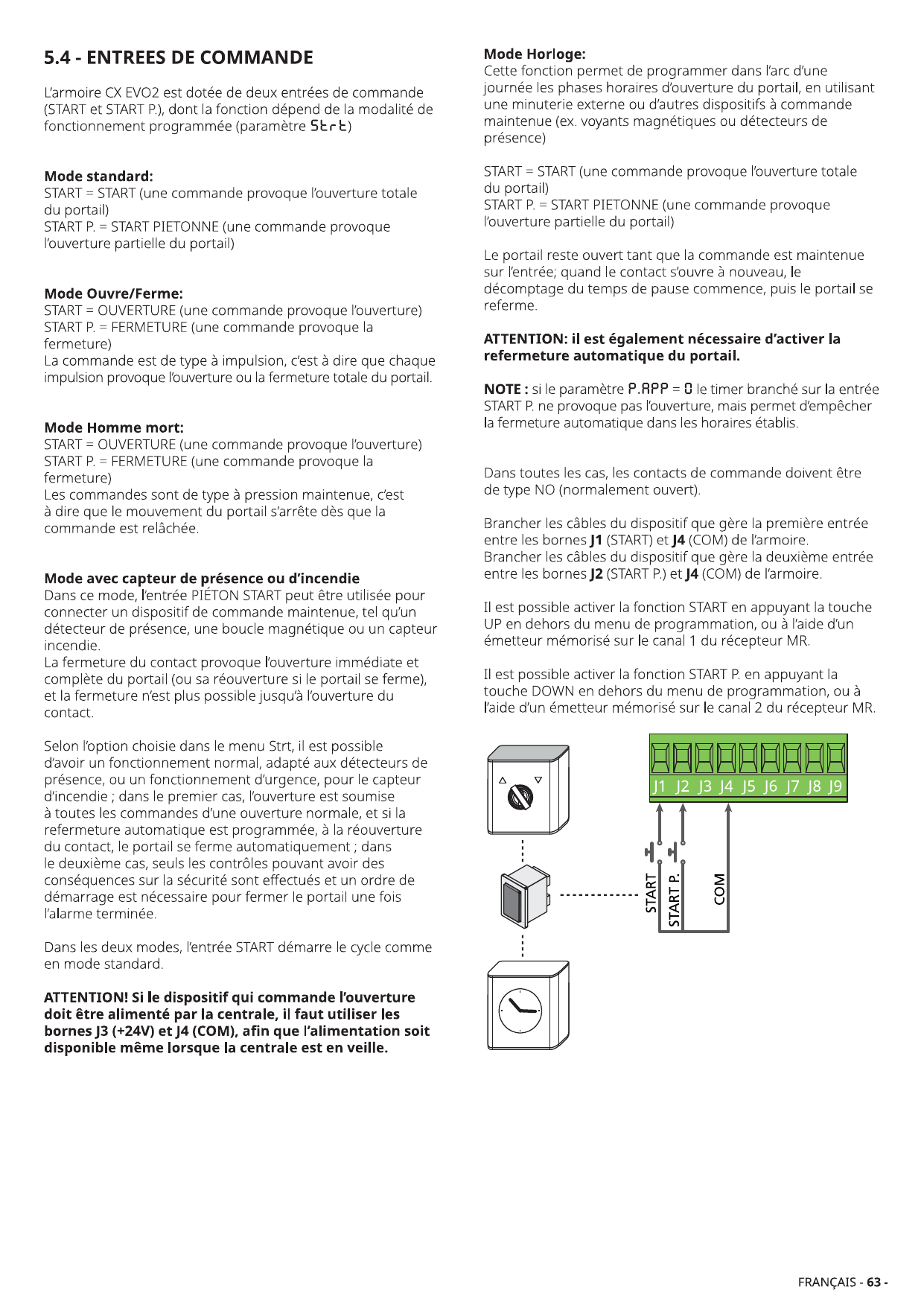 Branchement des entrées START, START P. et COM aux bornes J1-J9 (sélecteur, minuterie, horloge)