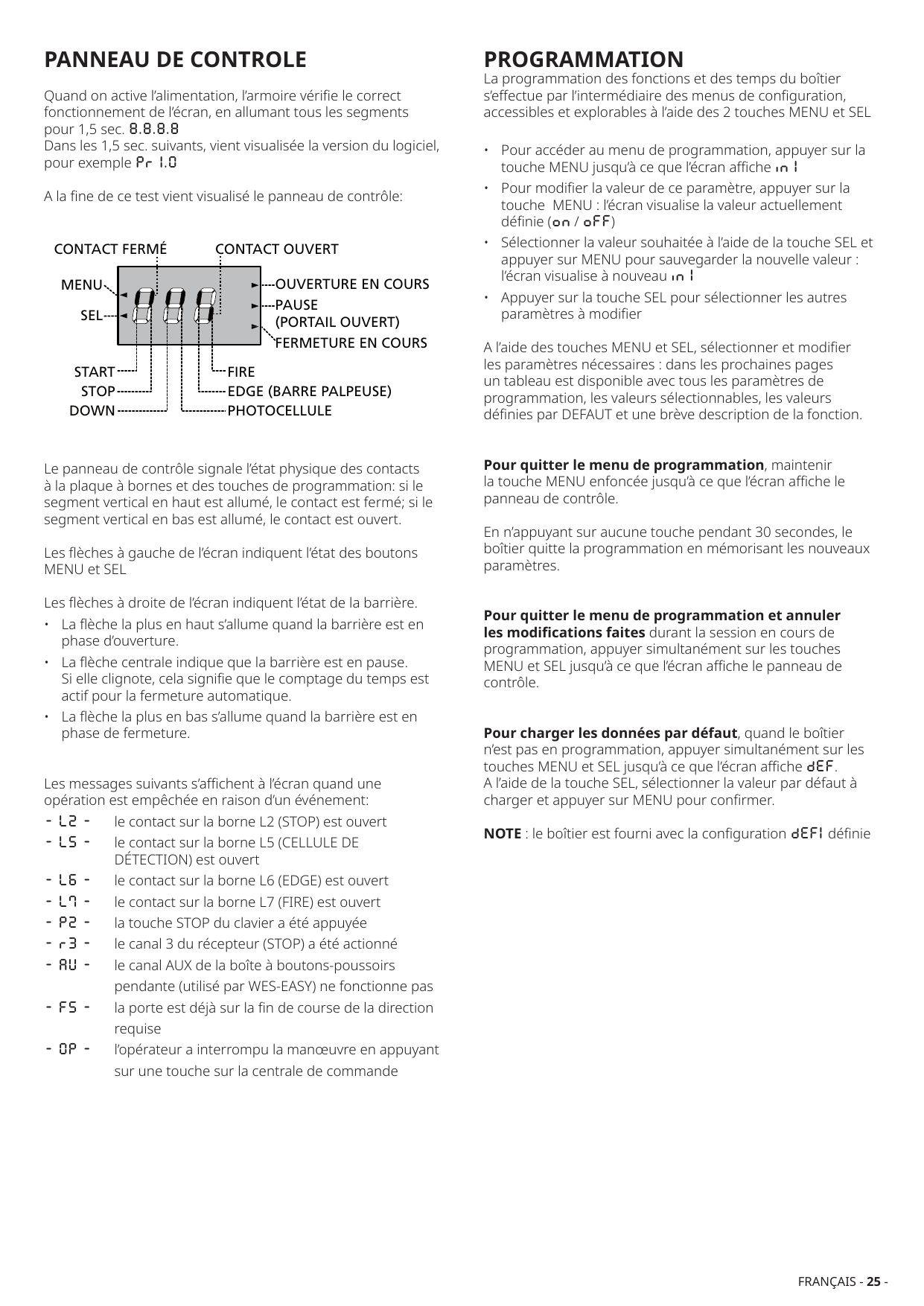 Disposition du panneau de contrôle : état des contacts (haut = fermé, bas = ouvert), flèches MENU/SEL à gauche, état de la barrière à droite
