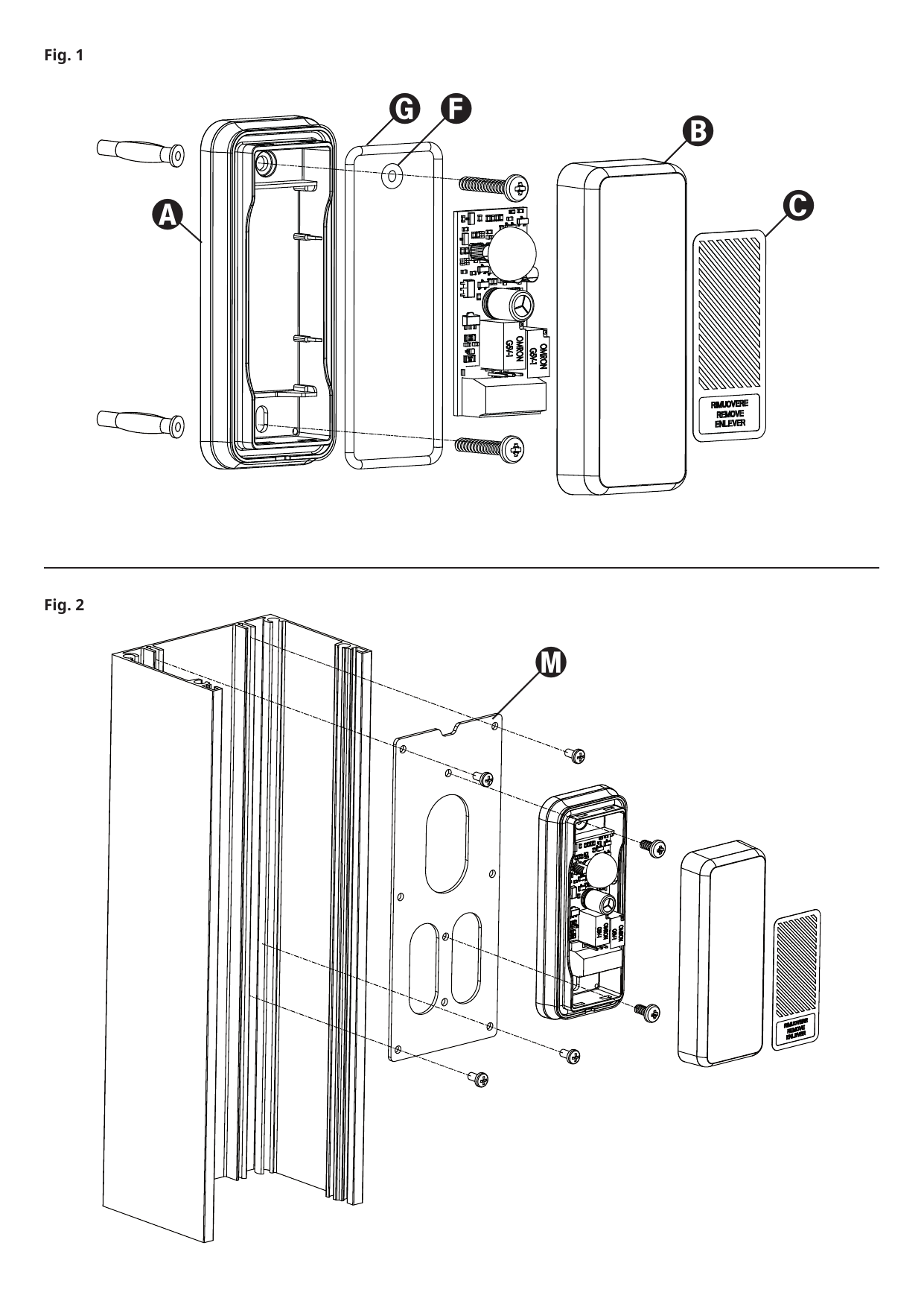 Fig. 1 – Composants et montage mural : base (A), cover (B), filtre adhésif d'atténuation (C), guarnizione (F), guarnizione cover (G).
