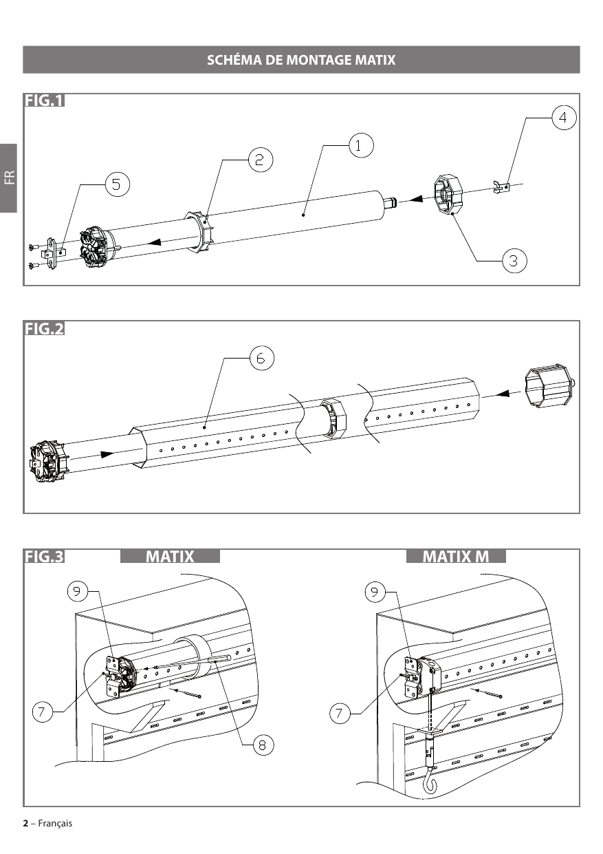 Fig. 1 — Préparation du motoréducteur : couronne de fin-de-course (2), motoréducteur (1), poulie d’entraînement (3), arrêt (4) et adaptateur pour support (5).