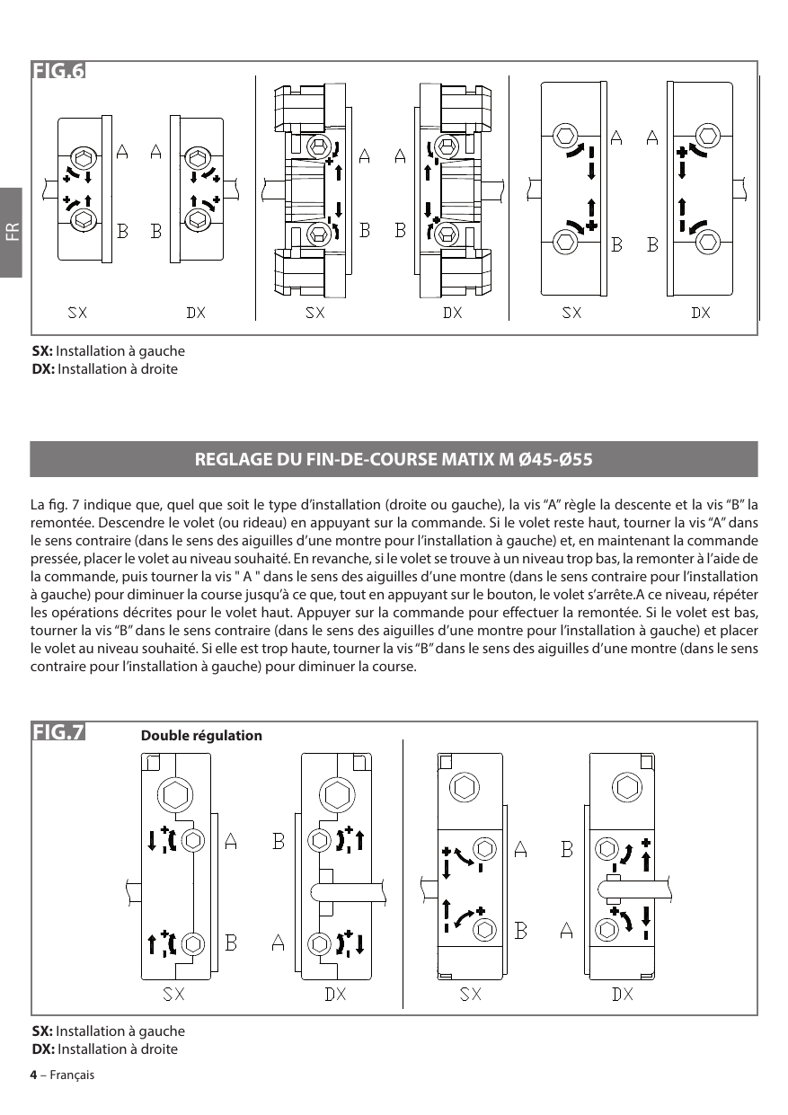 Fig. 6 — Réglage des fin-de-course MATIX : vis « A » (descente) et vis « B » (montée), installations gauche (SX) et droite (DX).