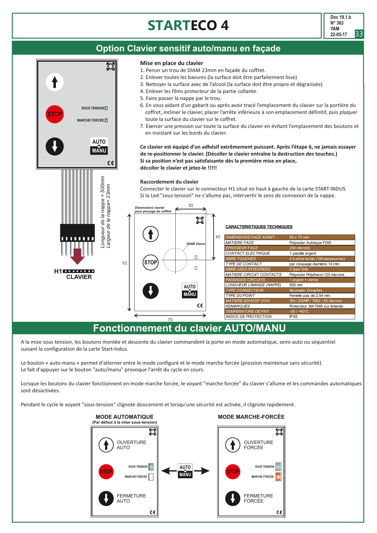 Schéma du clavier sensitif auto/manu (dimensions, perçage Ø 23 mm, nappe 500 mm sur connecteur H1) et illustration des modes automatique et marche-forcée