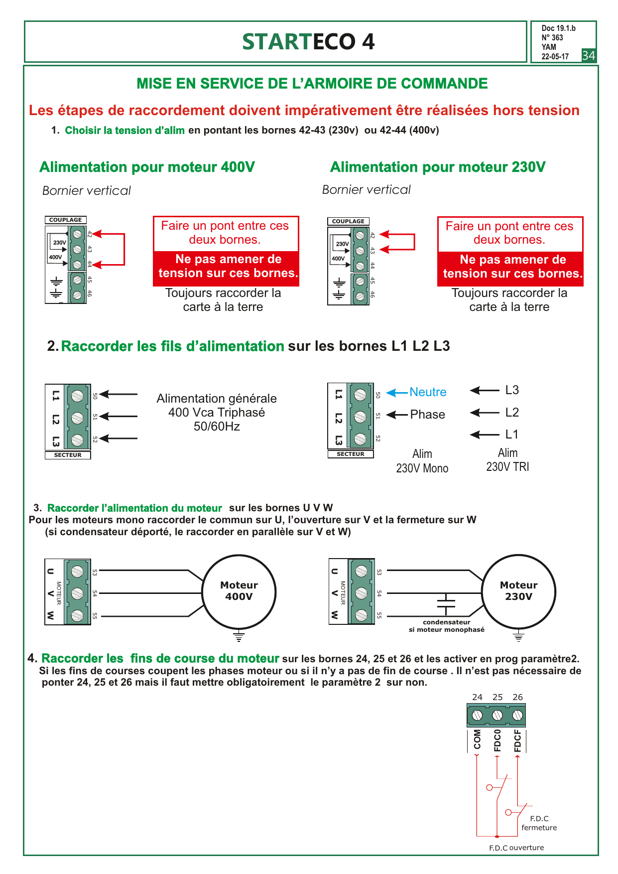 Schémas de raccordement des contacts de commande (boîtier 3 boutons, horloge, détecteur de boucle LDP1/ZPD11) sur les bornes 18 à 23