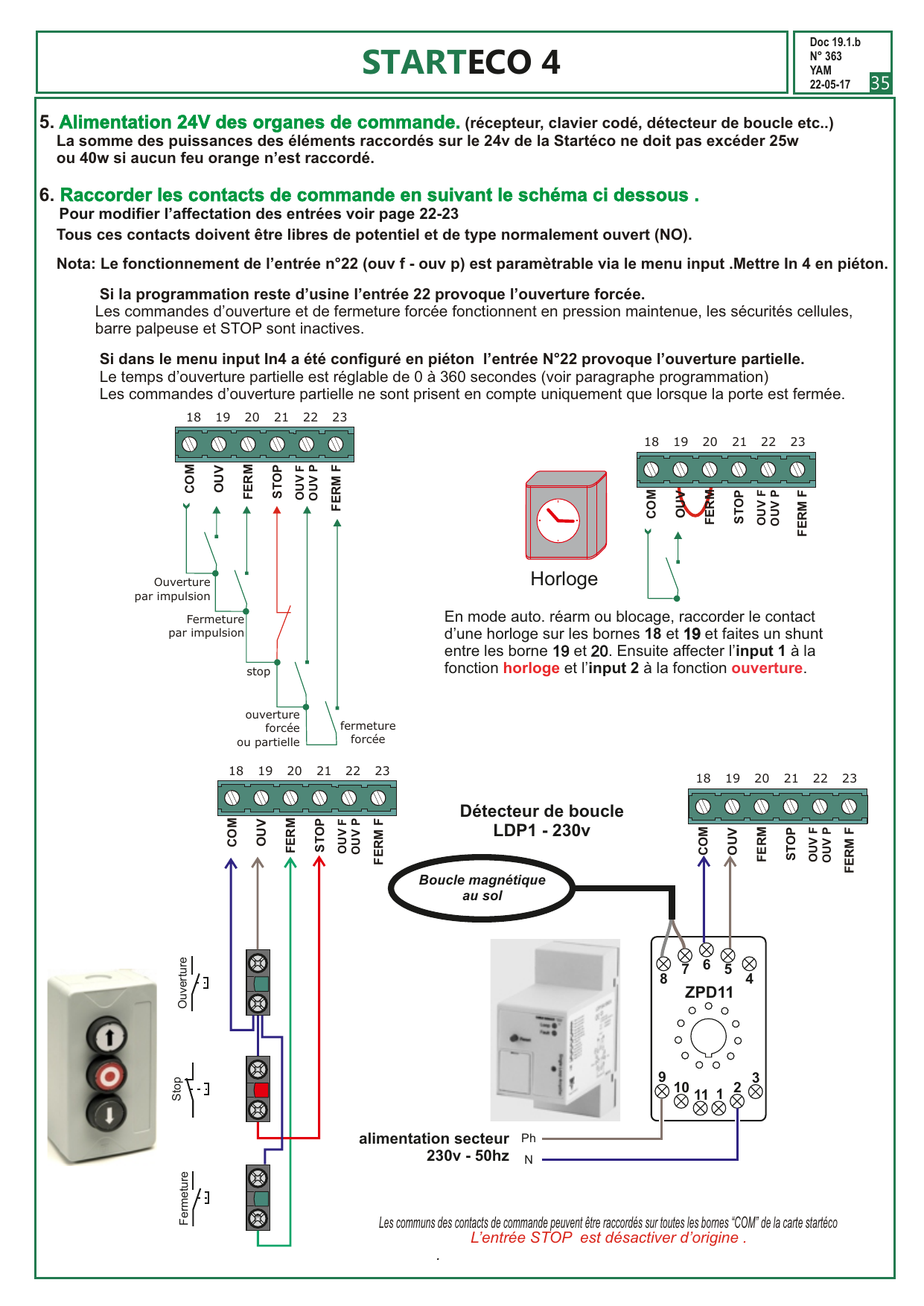 Schéma de raccordement des feux oranges LUMOS 24 V (bornes 9-10-11) et de l'éclairage de zone halogène 230 V (bornes 16-17) sur le bornier armoire