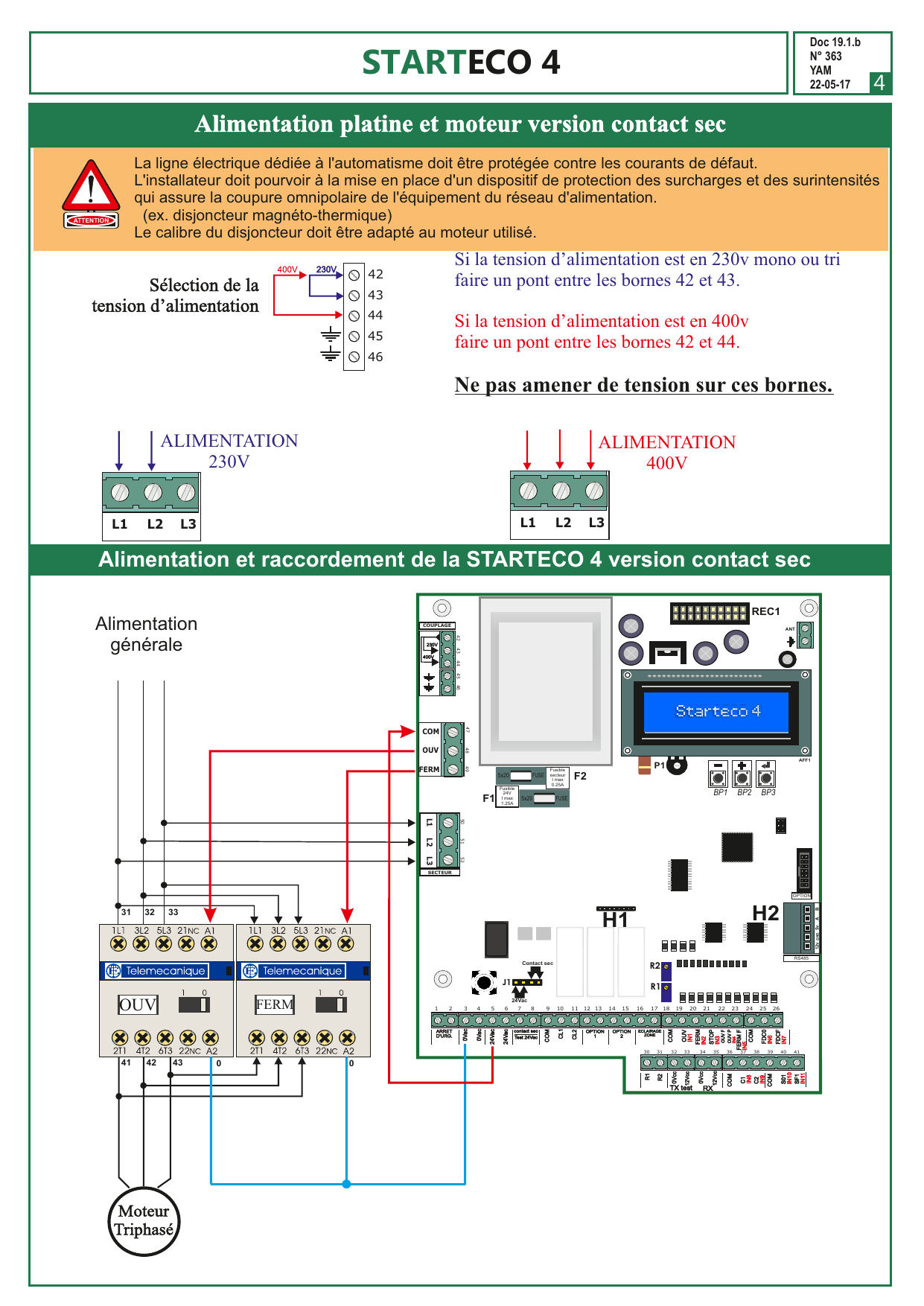 Schéma d'alimentation et de raccordement de la version contact sec avec deux contacteurs externes OUV et FERM pilotés par la carte, alimentation générale et moteur triphasé