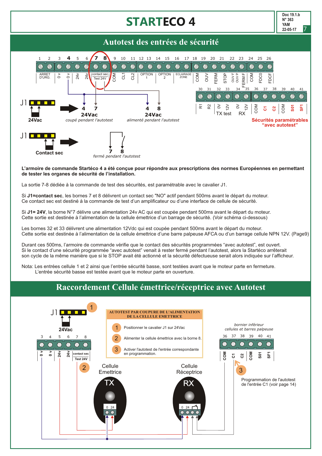 Schémas de positionnement du cavalier J1 et de raccordement d'une cellule émettrice/réceptrice avec autotest par coupure d'alimentation