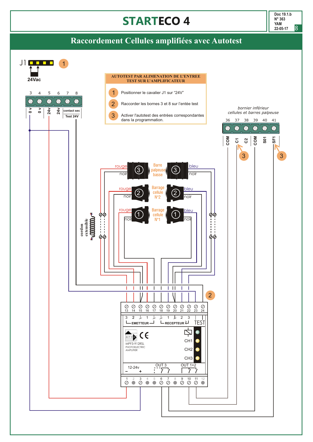 Schéma de raccordement de cellules amplifiées avec amplificateur MPF3-912RSL et autotest (barre palpeuse basse, barrages cellules n°1 et n°2)