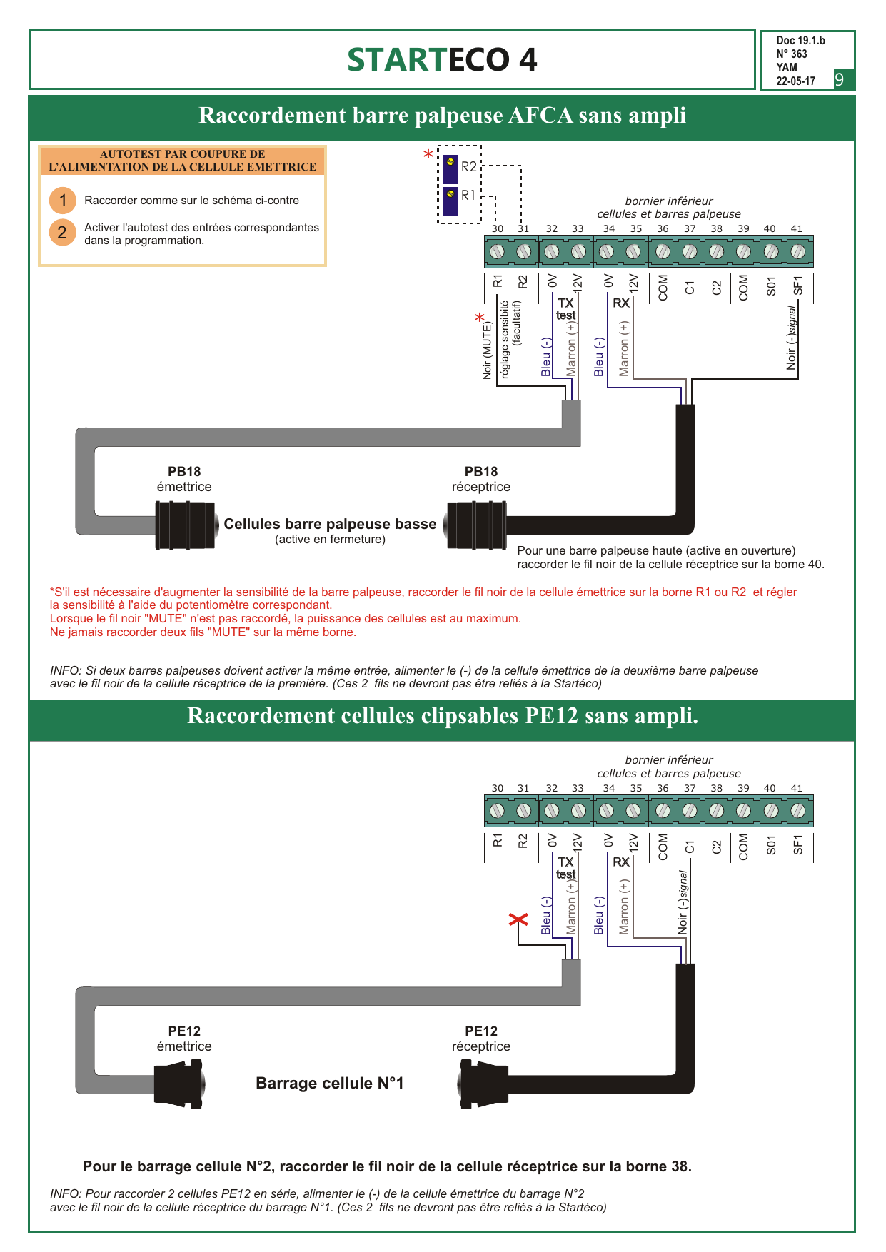 Schémas de raccordement de la barre palpeuse AFCA PB18 sans amplificateur et des cellules clipsables PE12 sans amplificateur (bornier inférieur, réglage sensibilité R1/R2)