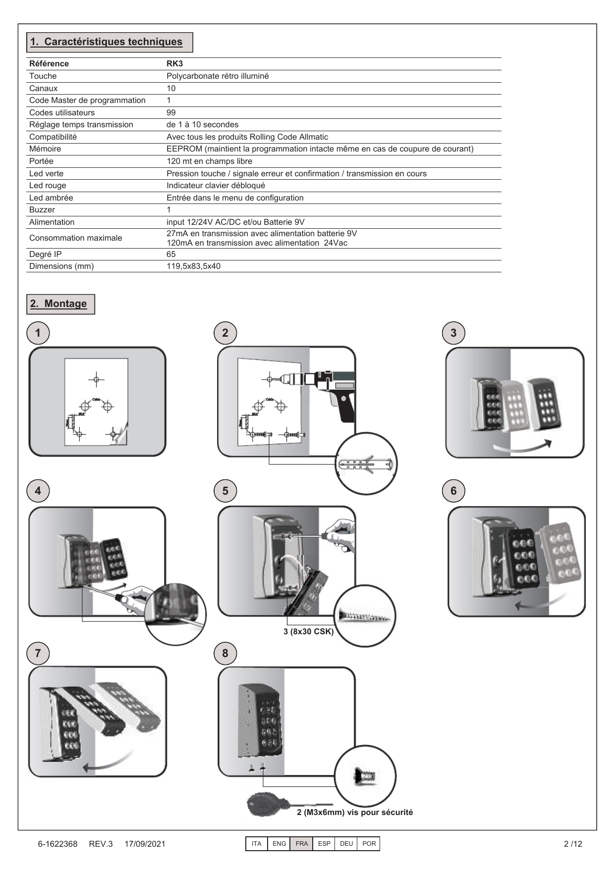 Plan de montage en 8 étapes (perçage, fixation, vissage) — vis 3 (8x30 CSK) et 2 vis de sécurité (M3x6 mm)
