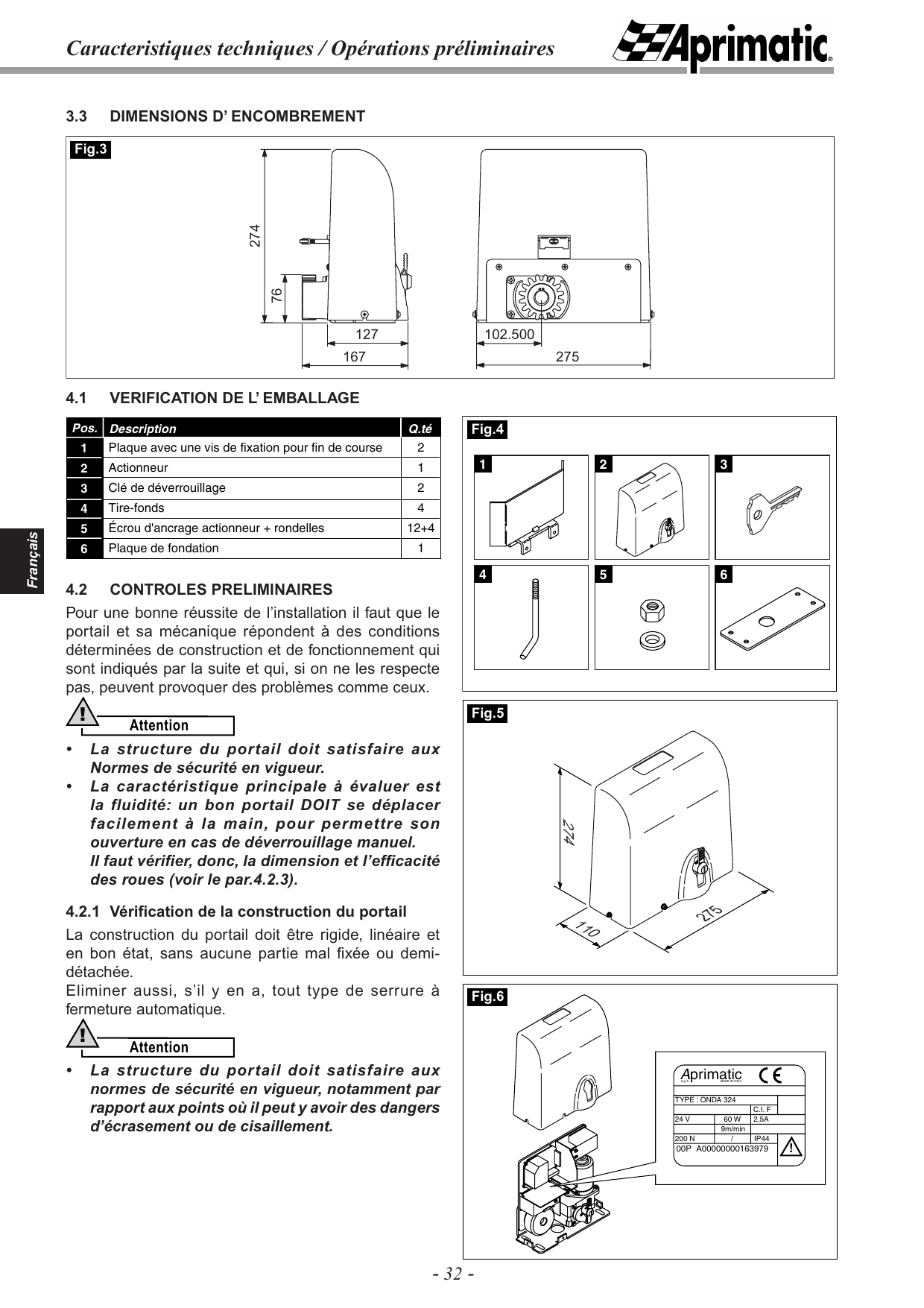 Fig.3 — Dimensions d'encombrement de l'actionneur (274 × 167 mm ; pignon à 275 mm)