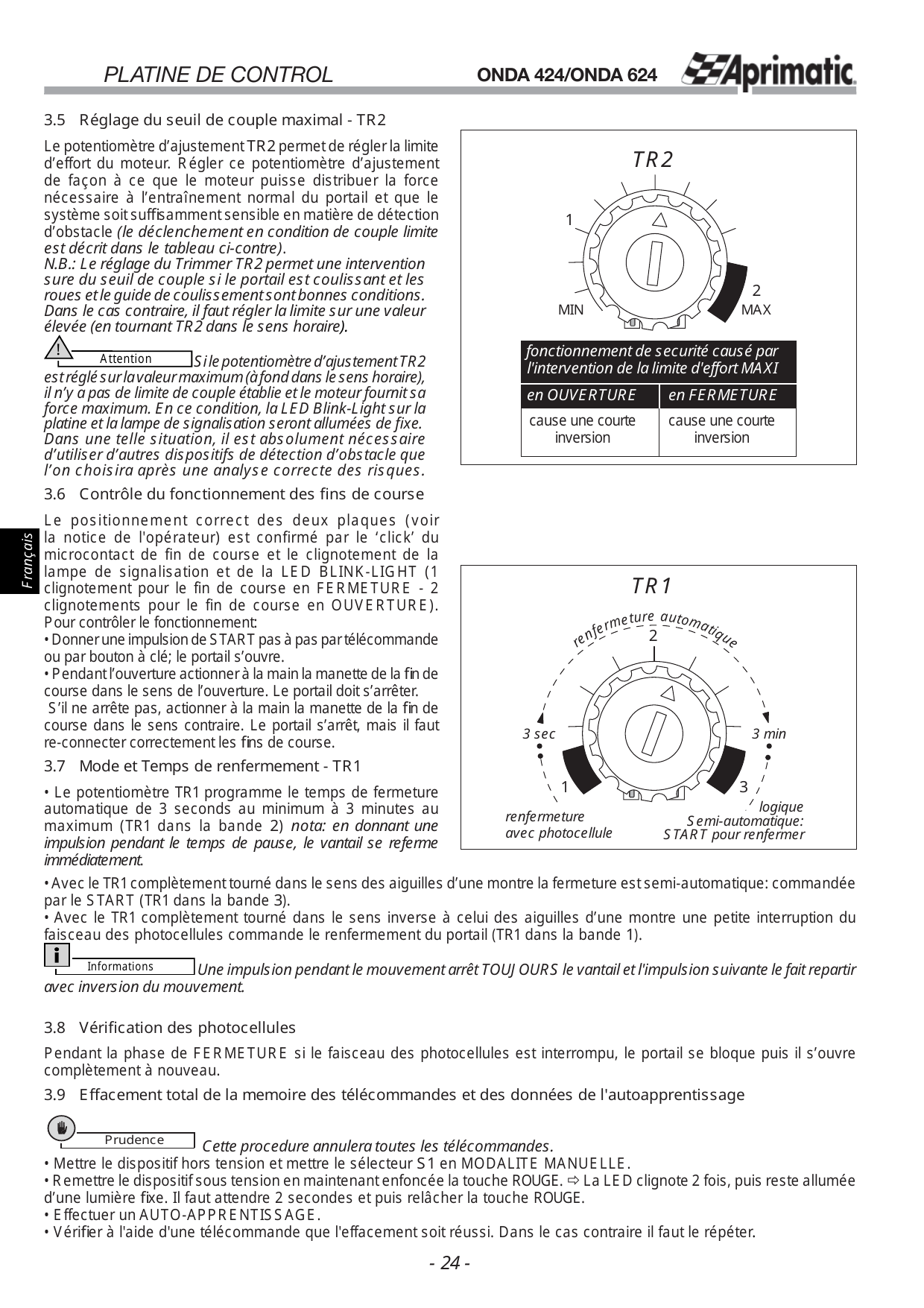 Réglage du potentiomètre TR2 (MIN/MAX) — seuil de couple maximal.