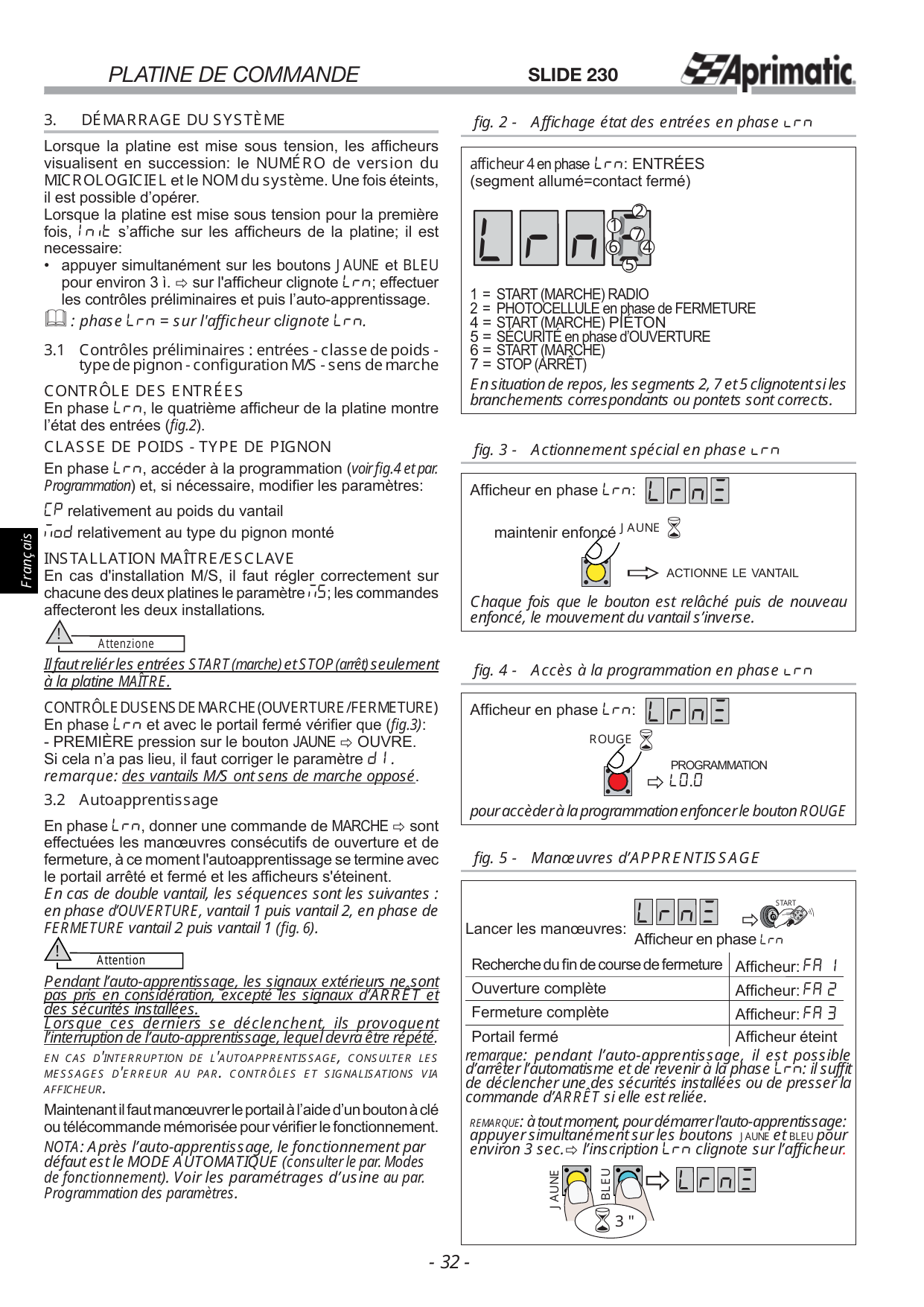 fig. 2 - Affichage de l'état des entrées en phase Lrn (segment allumé = contact fermé).