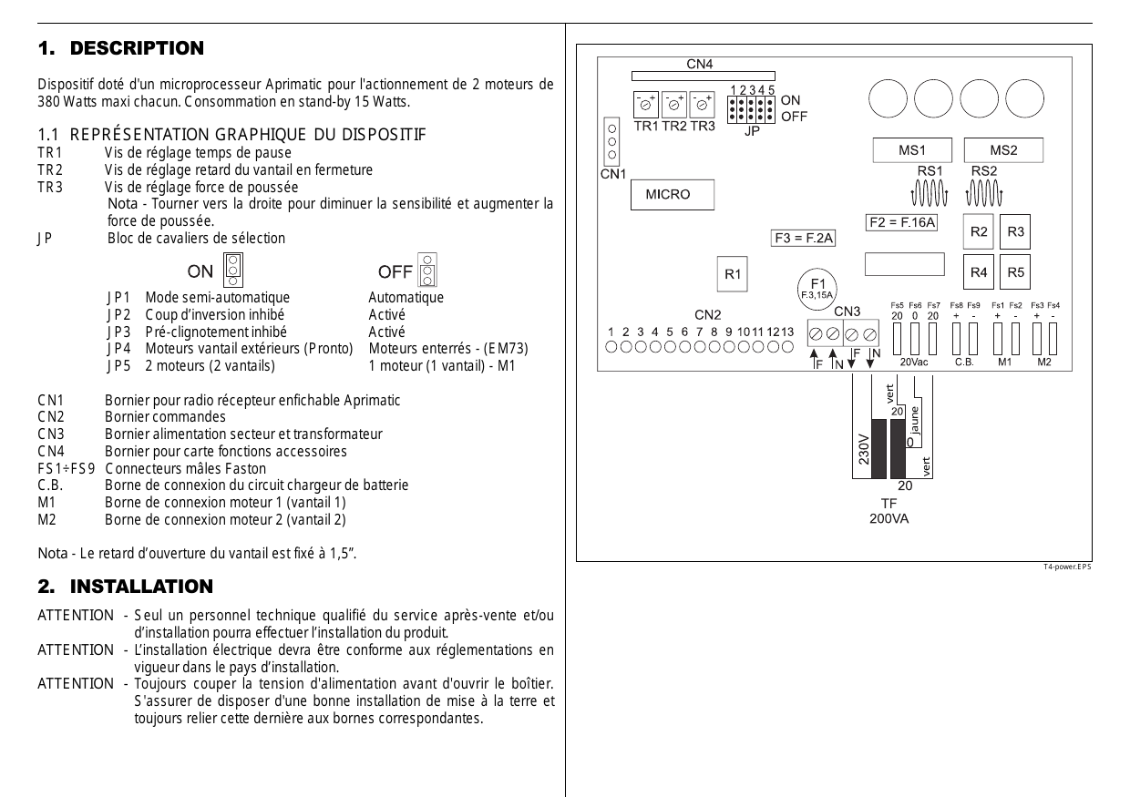 Schéma de la carte électronique T4Power (vis de réglage, cavaliers et borniers)
