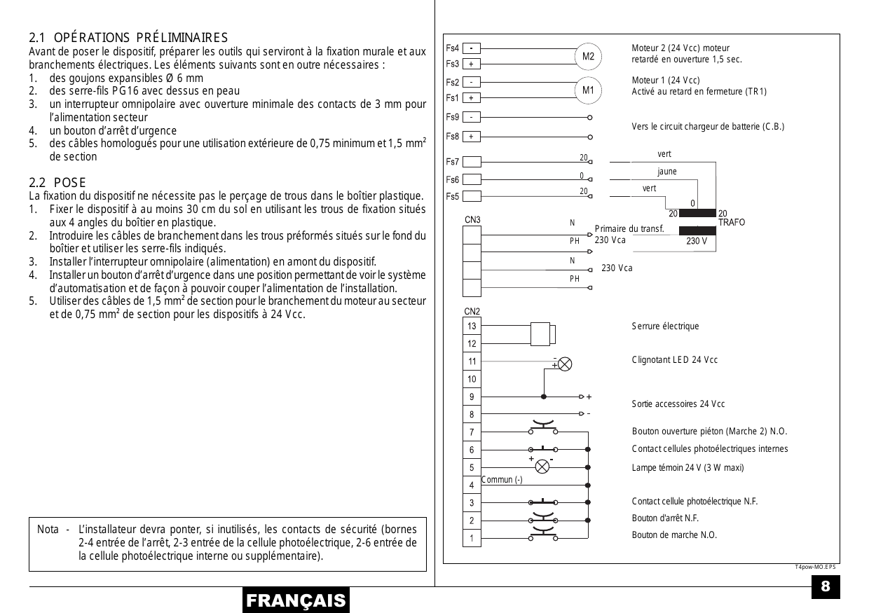 Schéma de branchement électrique (borniers CN2, CN3, transformateur, moteurs M1 et M2)