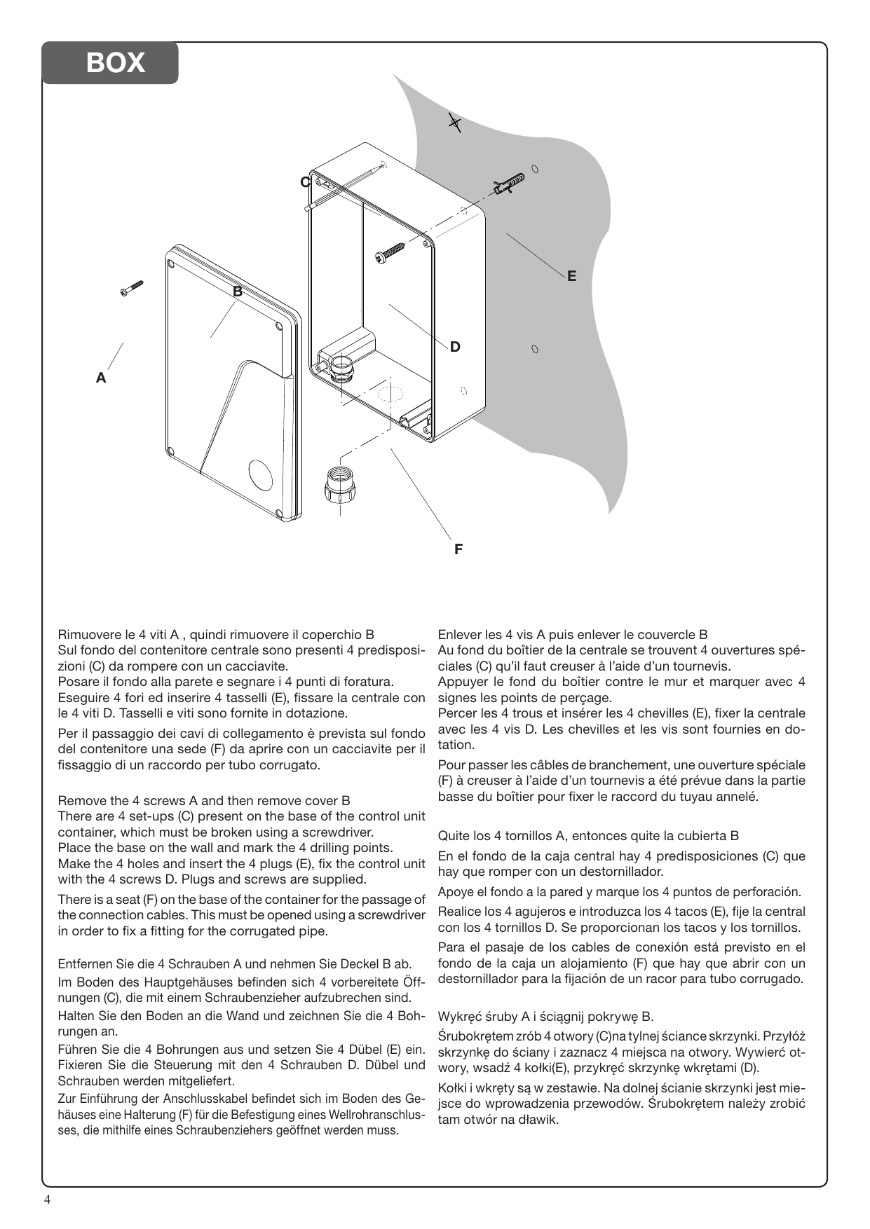 Vue éclatée du boîtier : vis A, couvercle B, prédispositions C à rompre, vis D, chevilles E, ouverture F pour le passage des câbles.