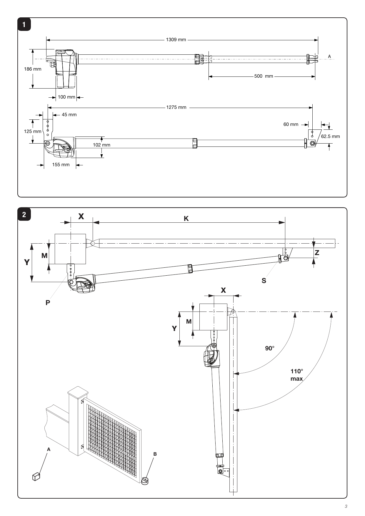 Figure 1 — Dimensions principales du motoréducteur BILL50 : longueur totale 1309 mm, course 500 mm, 186 mm, 100 mm, 1275 mm, 45 mm, 125 mm, 102 mm, 155 mm, 60 mm, 62,5 mm.
