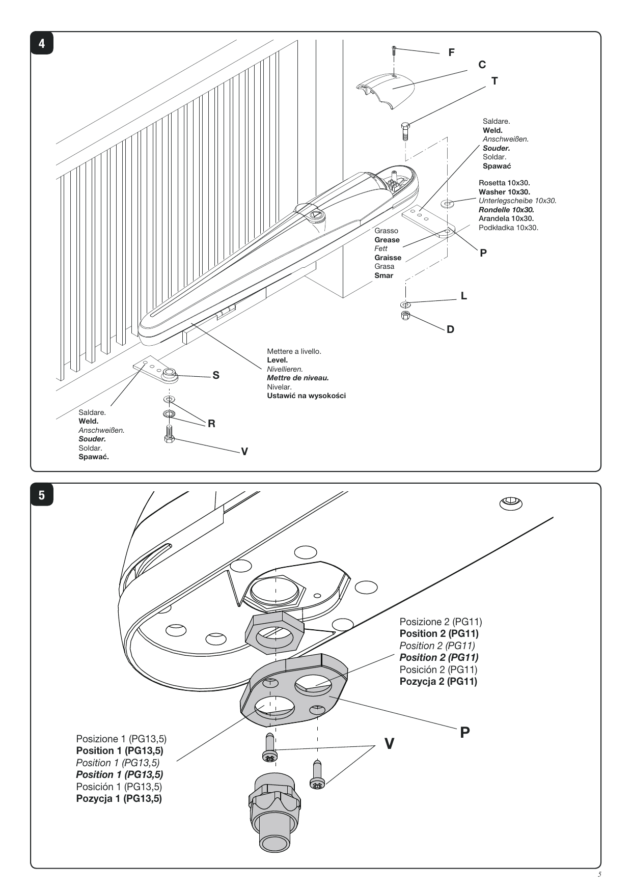 Fixation du vérin : couvercle C, vis F, vis T, rondelle 10x30, écrou D, rondelle L, patte S, vis V, rondelle R, platine P (fig. 4).