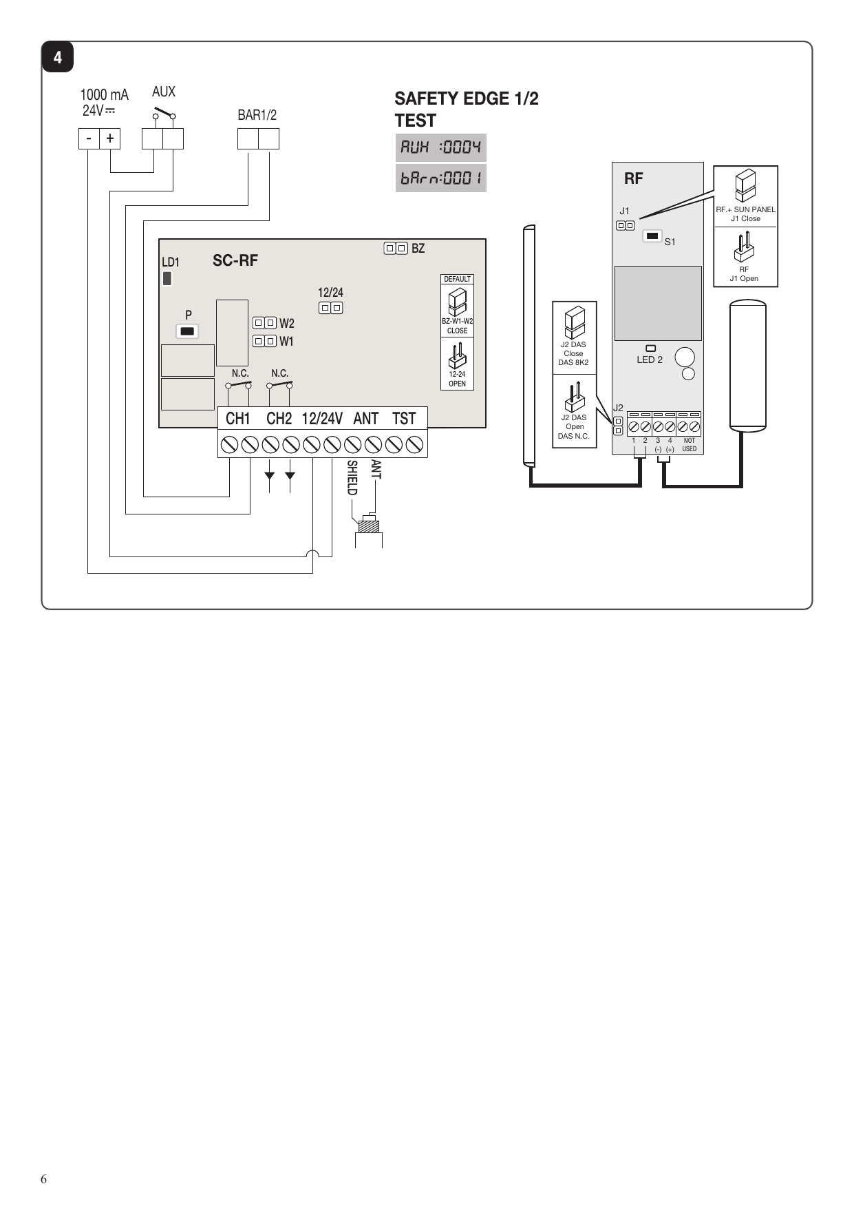 Schéma de raccordement des bords sensibles SAFETY EDGE 1/2 avec TEST, modules SC-RF et RF, configuration des cavaliers J1/J2 (Fig. 4)