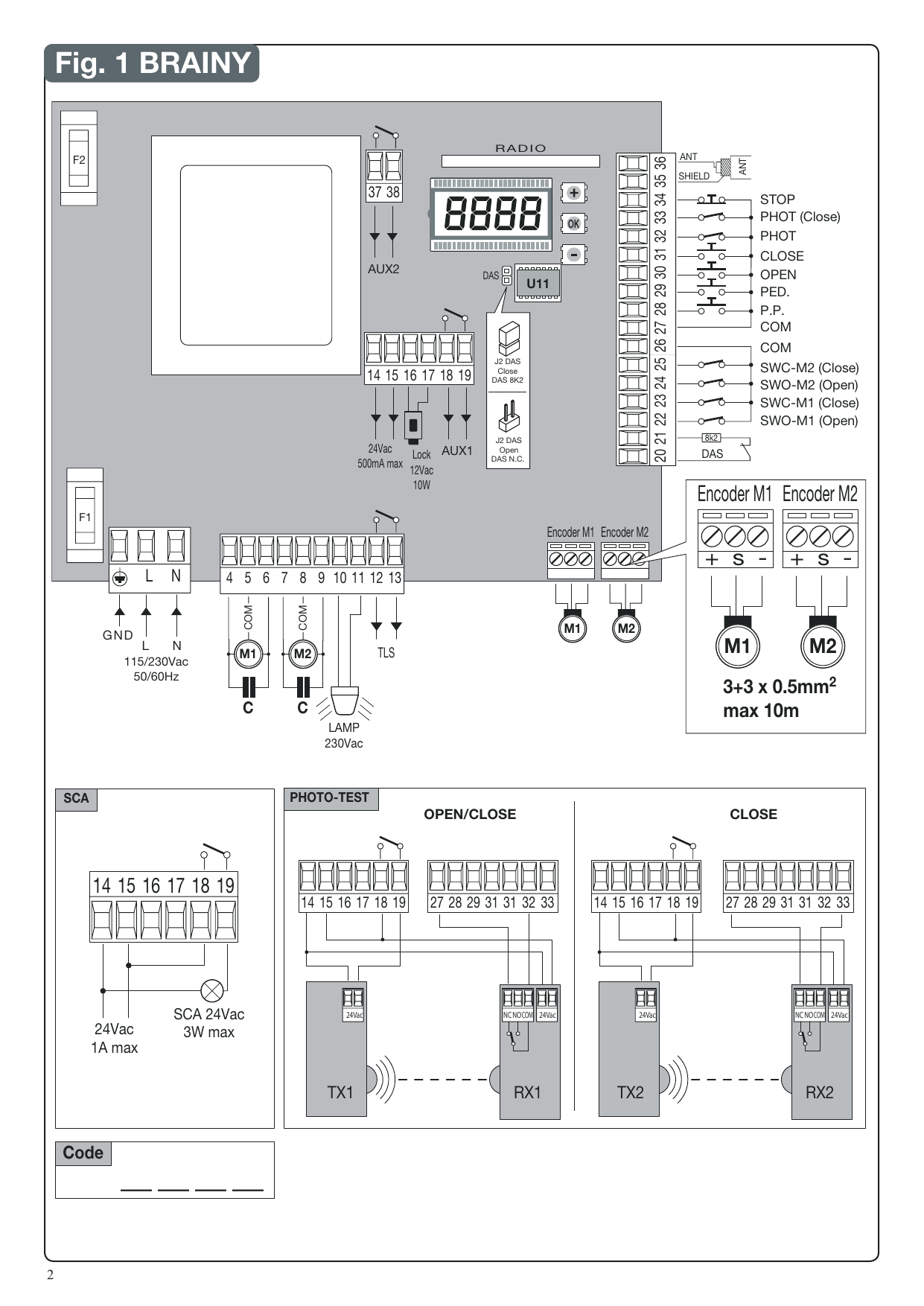 Fig. 1 — Schéma de câblage de la logique de commande BRAINY : bornier d'alimentation, connexions moteurs M1/M2, clignotant, accessoires, encodeurs, fins de course, entrées de commande et de sécurité, antenne radio, ainsi que les schémas SCA et PHOTO-TEST (OPEN/CLOSE et CLOSE)