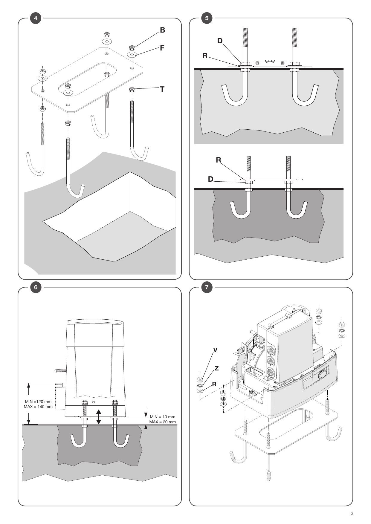 Ancrage de la plaque de fondation, réglage en hauteur et fixation du moteur (Fig. 4-5-6-7).