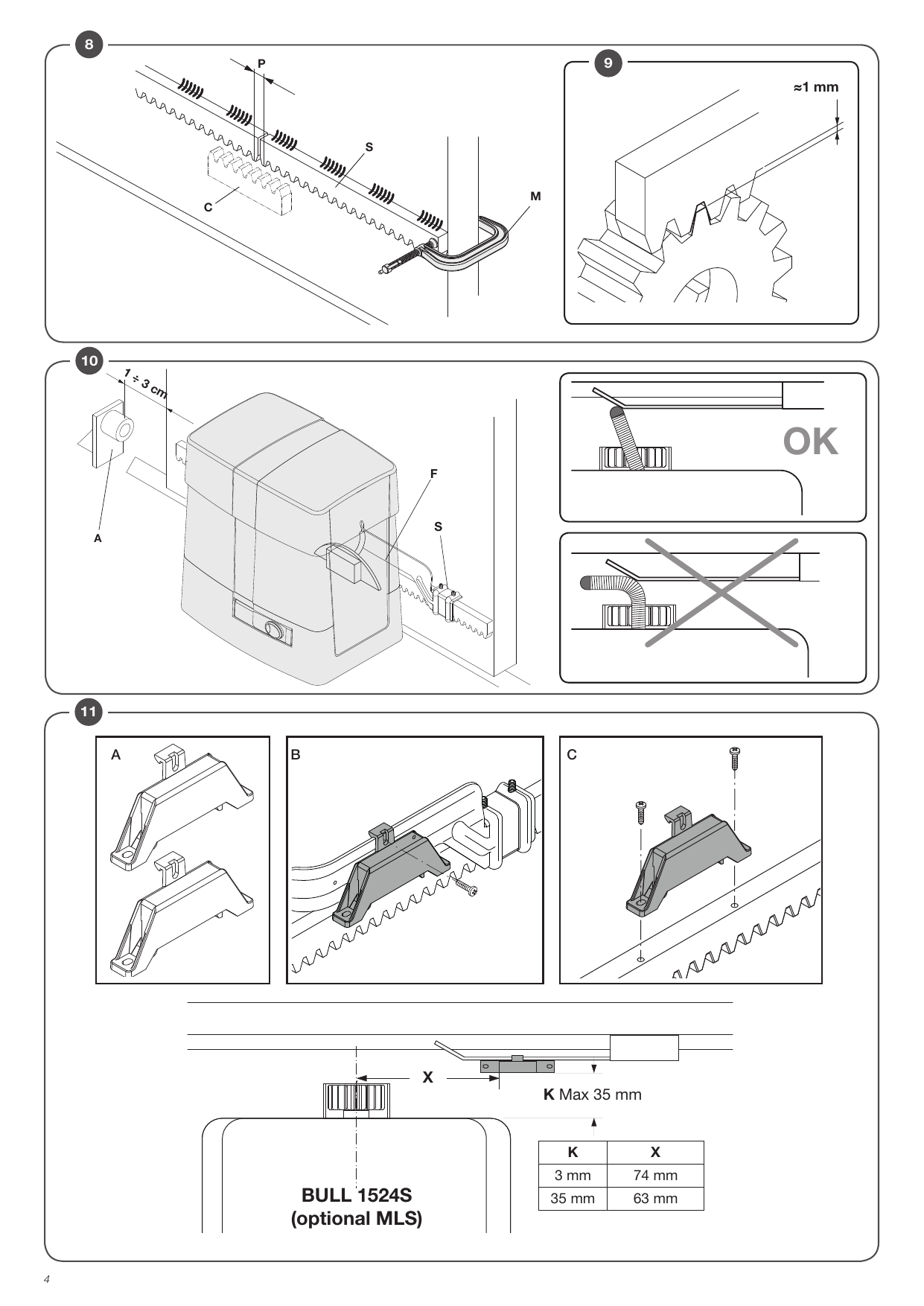 Fixation de la crémaillère, jeu de ~1 mm entre crémaillère et pignon, positionnement des étriers de fin de course et des supports d'aimants (Fig. 8-9-10-11).