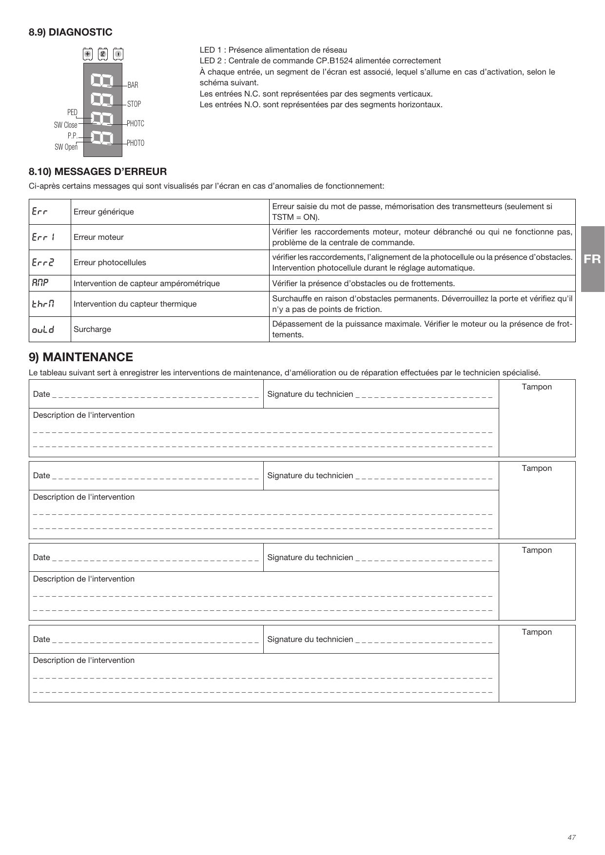 Schéma de diagnostic — correspondance entre entrées et segments de l'écran