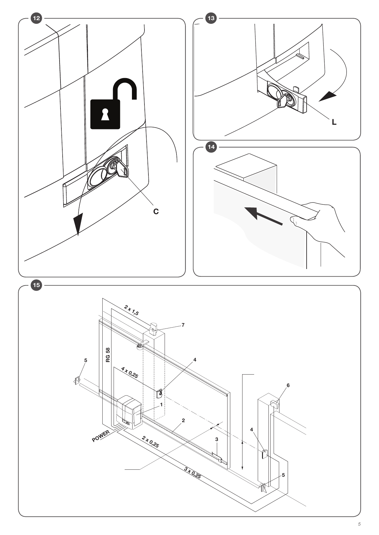 Fig. 12-13-14 — Déverrouillage manuel : clé personnalisée C et levier L