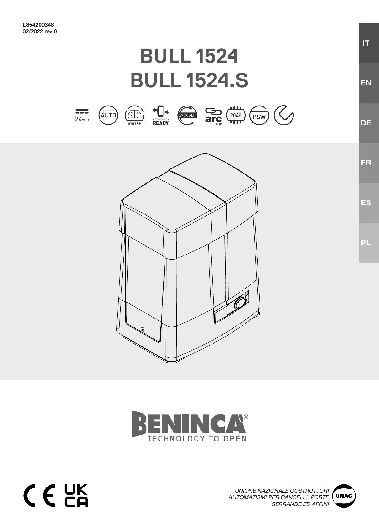 Dimensions d'encombrement du motoréducteur BULL 1524 (200 × 400 mm / 300 × 400 mm)
