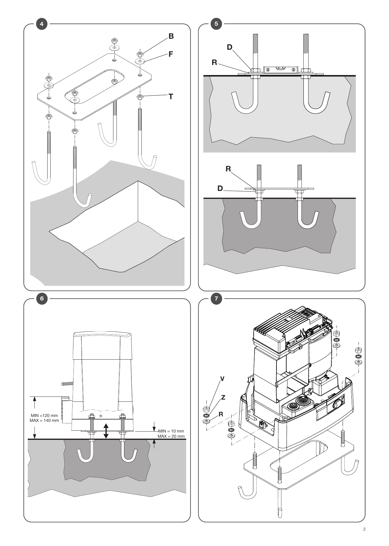 Ancrage des tire-fonds et réglage en hauteur (min = 120/140 mm ; jeu min = 10 mm / max = 20 mm) — repères B, D, F, R, T, V, Z