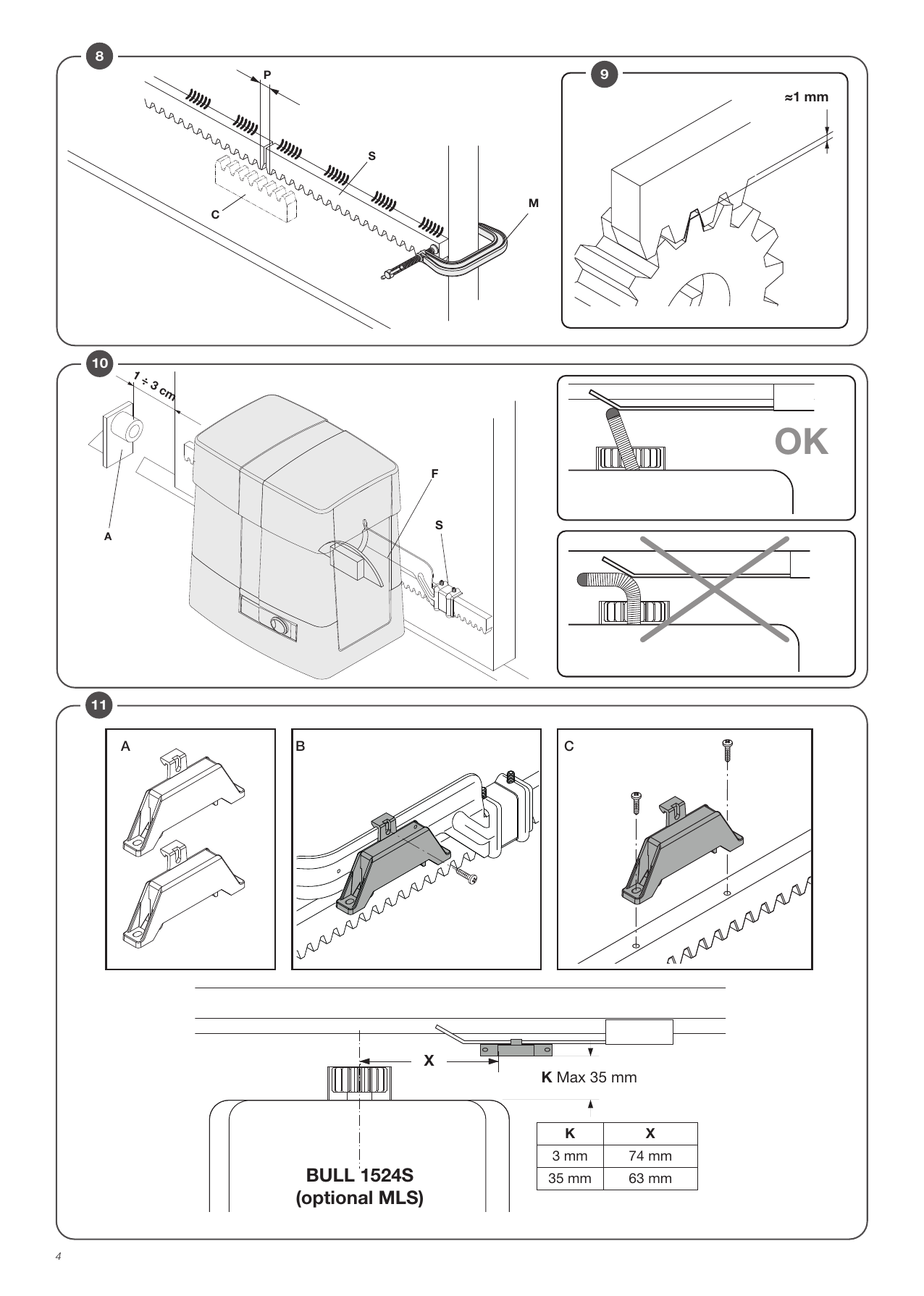 Montage et réglage de la crémaillère (jeu ≈ 1 mm), positionnement des étriers de fin de course et des aimants (accessoire MLS) — tableau K/X