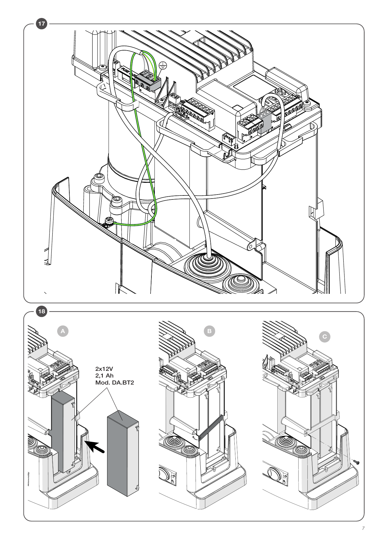 Montage des batteries tampon DA.BT2 (2 × 12 V 2,1 Ah) dans le carter du motoréducteur