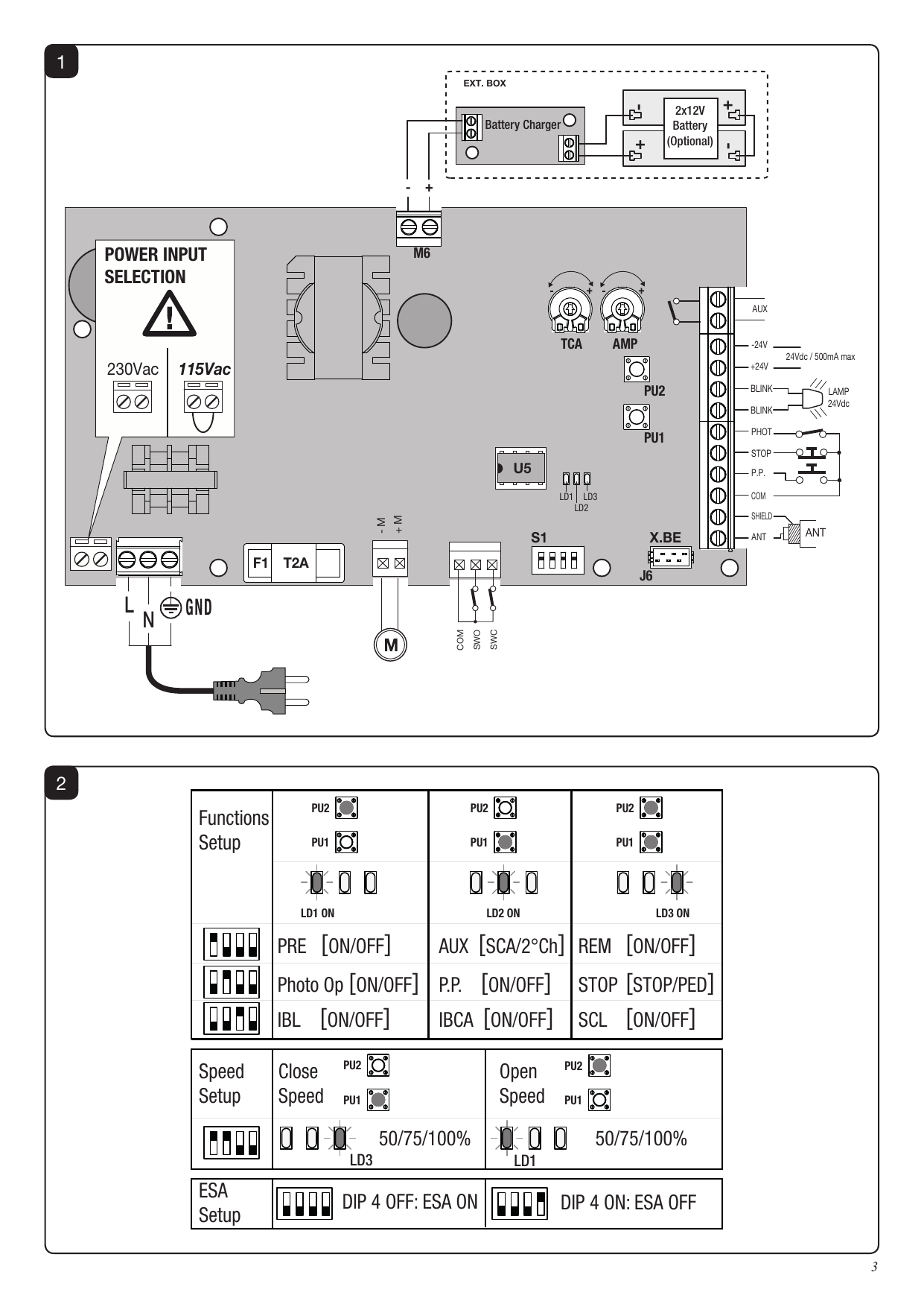 Schéma des branchements électriques de la carte : sélection alimentation 230/115 Vac, moteur, butées, bornes de commande, chargeur de batterie et boîtier externe