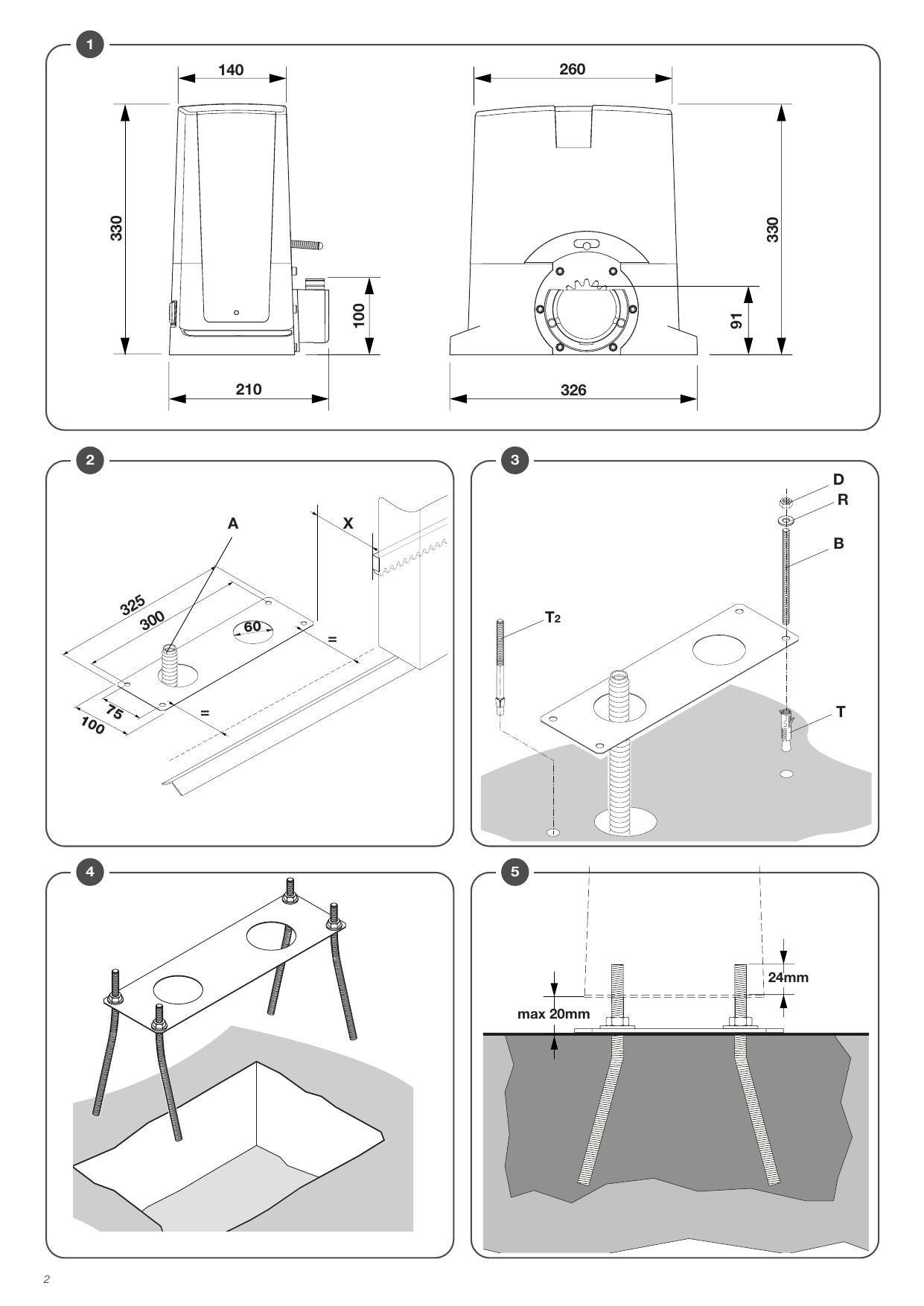 Dimensions hors-tout et schémas de scellement de la plaque de fondation (Fig. 1 à 5)
