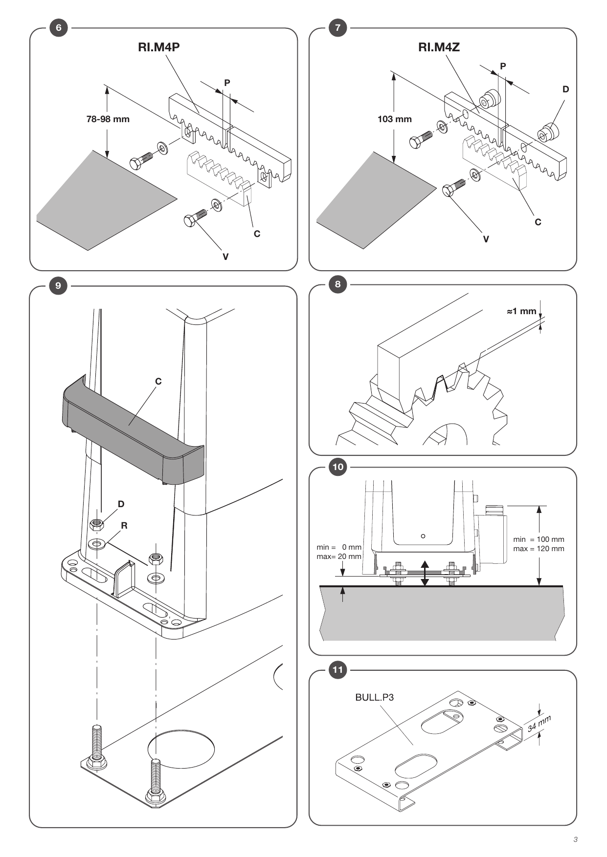 Fixation de la crémaillère (RI.M4P, RI.M4Z), ancrage de l'actuateur et plaque BULL.P3 (Fig. 6 à 11)