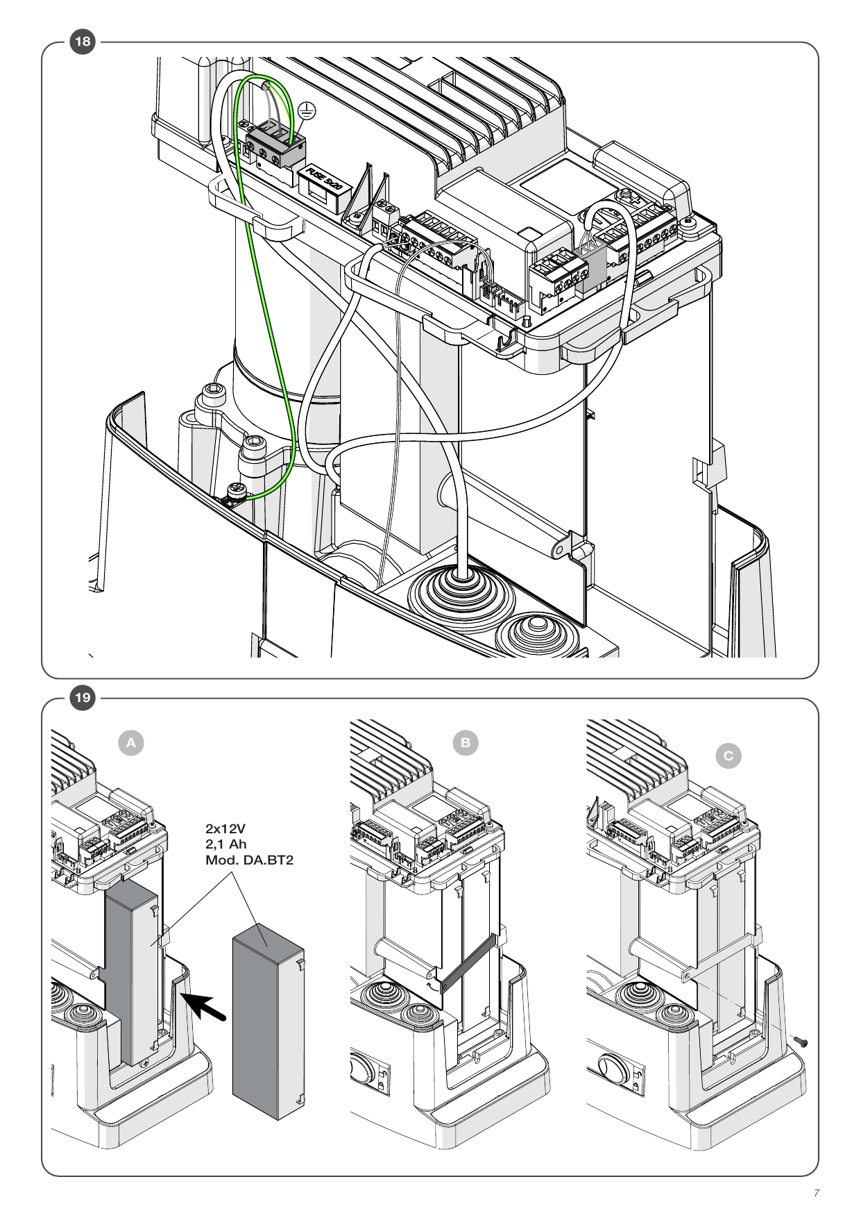 Mise en place de la batterie d'urgence DA.BT2 (Fig. 18-19)