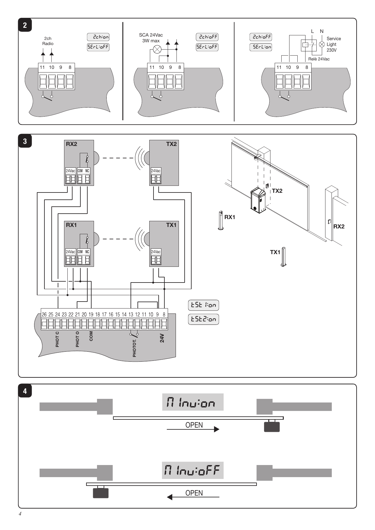 Schémas 2, 3 et 4 : configurations de la sortie SCA (2Ch/SERL), branchement des photocellules en mode TEST (RX1/TX1, RX2/TX2) et sens d'ouverture du moteur (MINV On/Off).