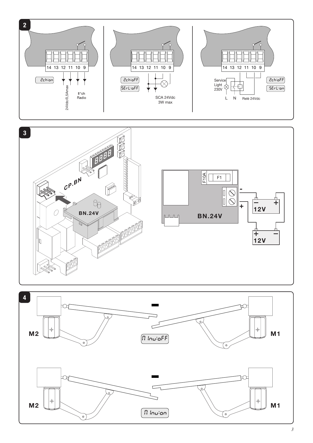 Branchements complémentaires : sorties bornes 9-14 (II°ch radio, SCA, Service Light), insertion carte batterie BN.24V/BN.CB et configuration de l'ordre de départ des moteurs (MINV)