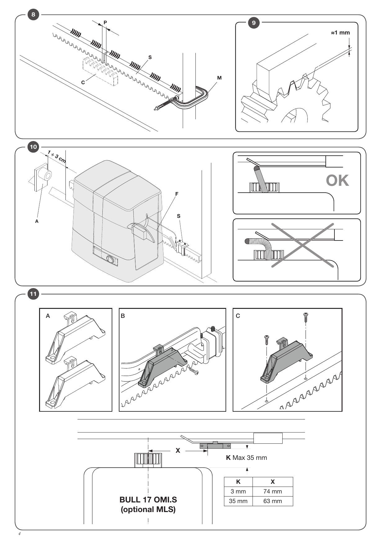 Fixation de la crémaillère (jeu ≈1 mm entre crémaillère et pignon), positionnement des étriers de fin de course (1 à 3 cm) et installation des aimants (BULL 17 OMI.S / MLS optionnel).